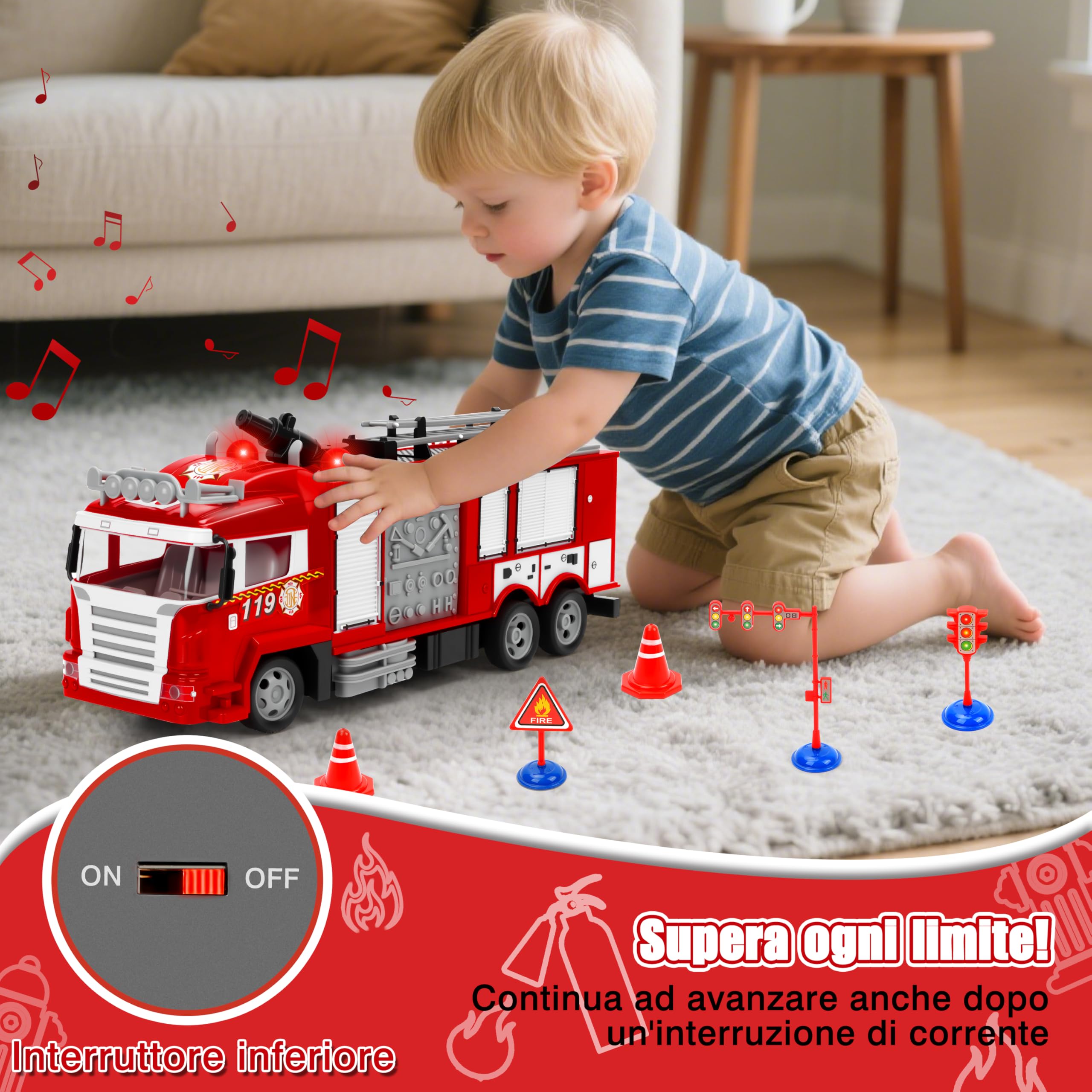 MOMOSTAR Camion Pompieri Giocattolo, 1:18 Camion Pompieri Telecomandato con luci e suoni, Pompiere Giocattoli con Spruzzatrice d'acqua, Giochi Vigili del Fuoco Regalo per Bambini 3 4 5 6 7 8 Anni