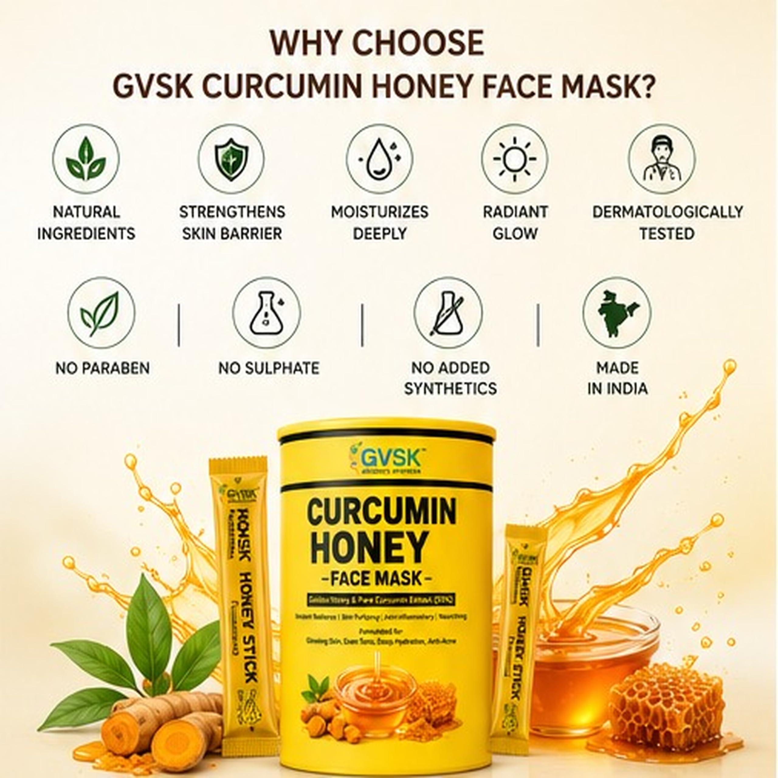 GVSK Curcumin Honey Face Mask for Radiance, Hydration, Even-Looking Skin - Face Mask with Curcumin Extract, Golden Honey, Aloe Vera & Vitamin C - Blemish Care - 30 Single-Use Sticks x 8g, 240g 4
