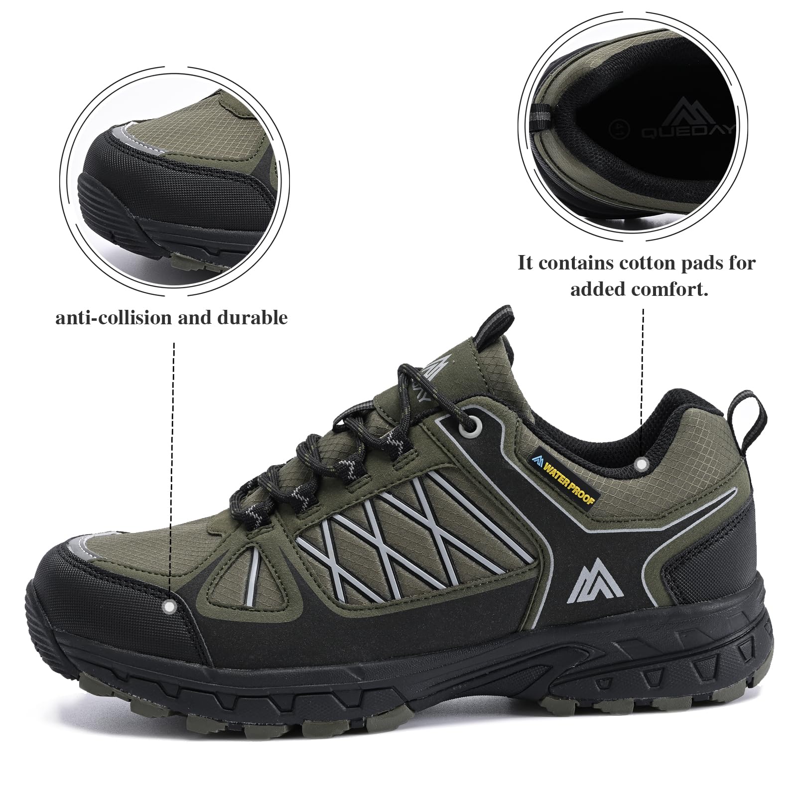Queday Men's Waterproof Hiking Shoes Lightweight Anti Slip Outdoor Green Ankle Boots Breathable Hike Trekking Trails Shoe Size 9.5