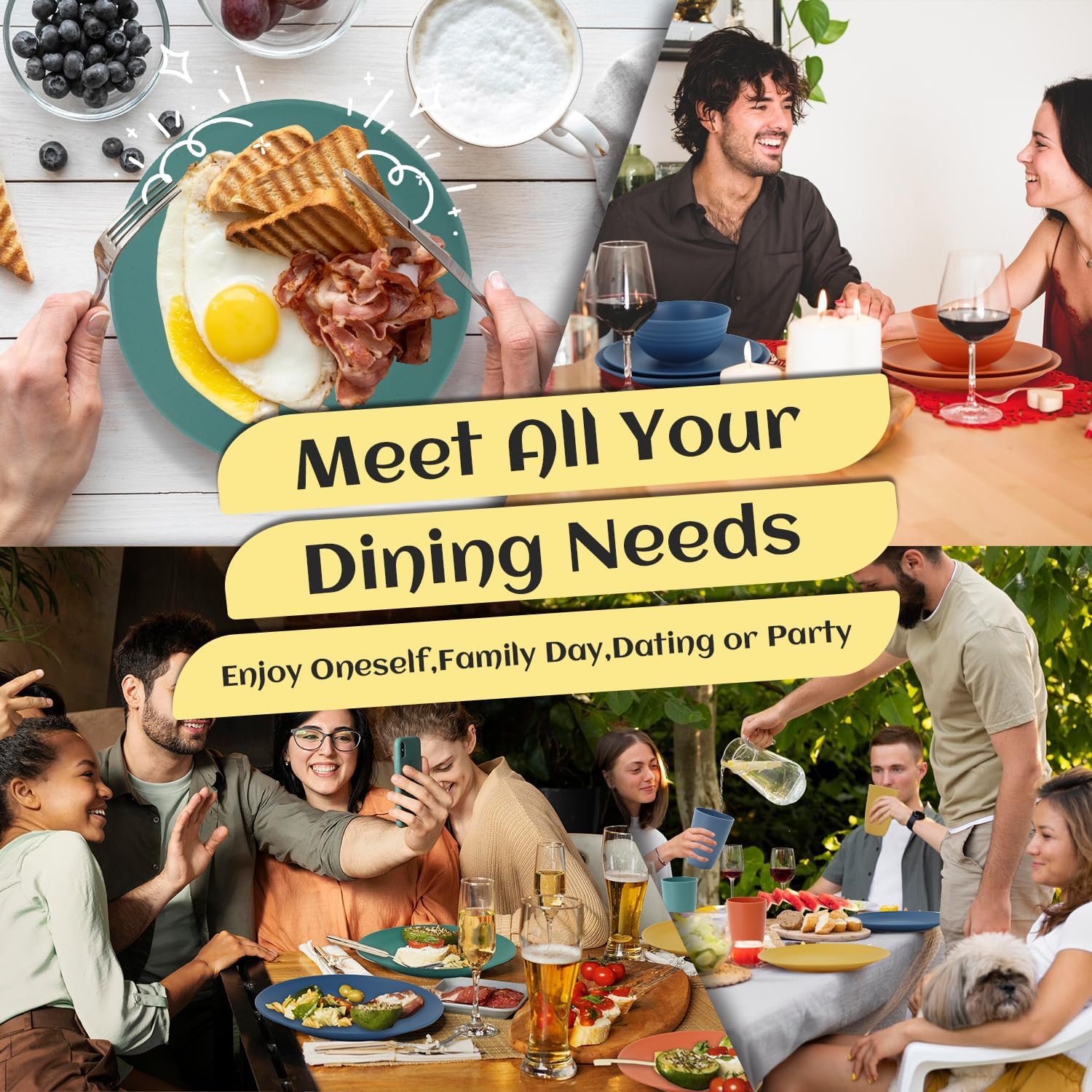 40-Piece Unbreakable Plastic Wheat Straw Dinnerware Set - Multi Color, 8-Person Dish Set for Dinner, Plates, Bowls, Cups & Appetizer Plates - Perfect for Outdoor Camping