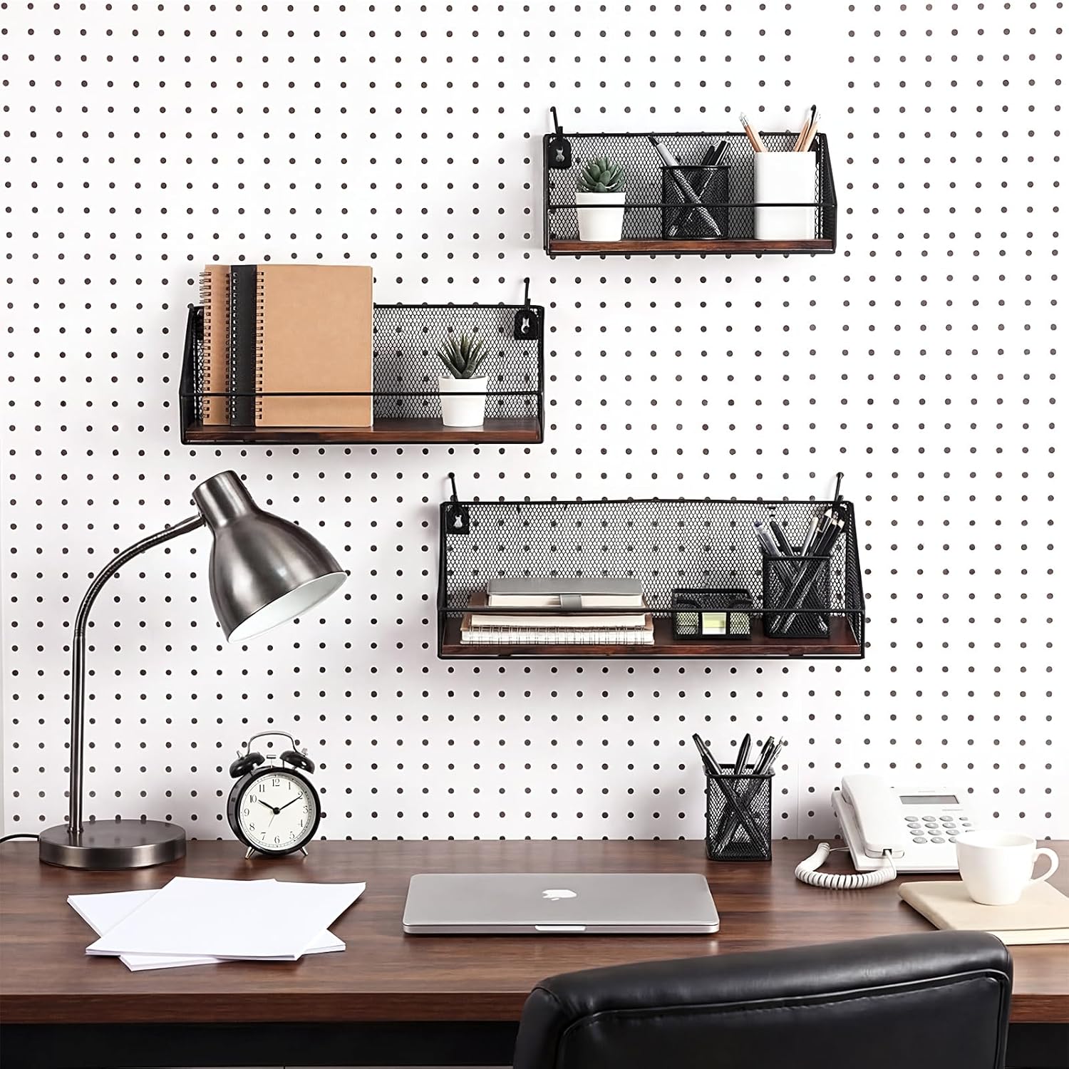 3 Pack Pegboard Shelves with Hooks and Fences Wall Mounted Grid Baskets Tool Organizer Pegboard Storage Displaying Accessories for Kitchen Bathroom Living Room Bedroom(Black)