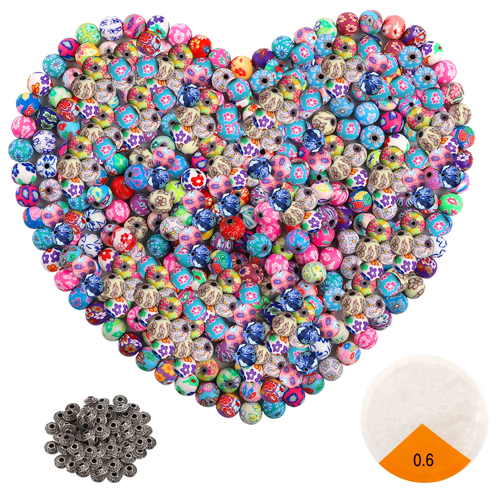 Foraineam 300 Pcs 10mm Colorful Round Clay Beads, Handmade Polymer Clay Loose Beads with 60 Antique Silver Spacer Beads and Crystal String for Jewelry Making