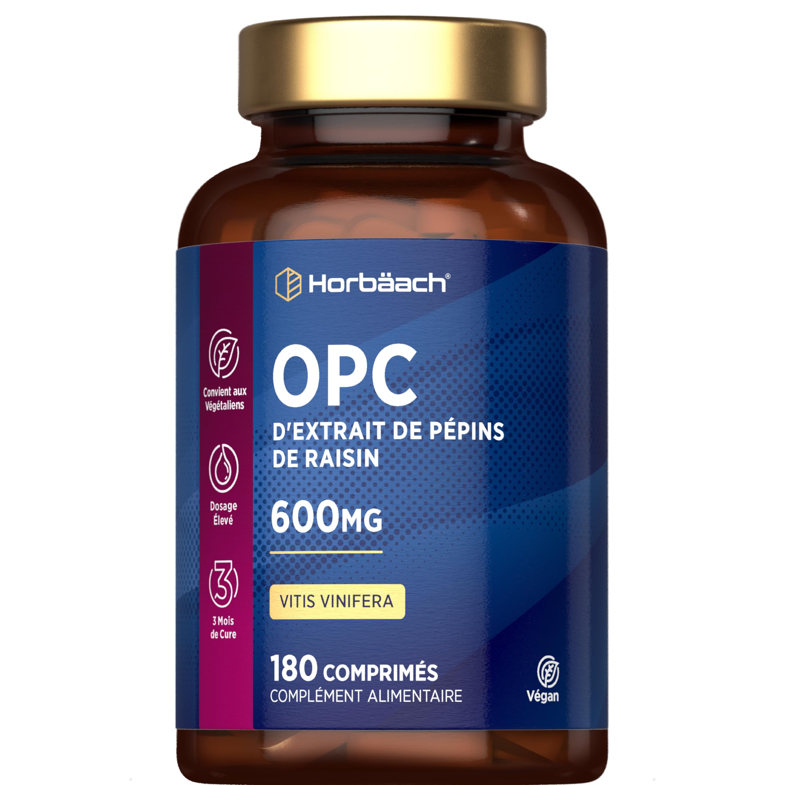 OPC Extrait de Pépins de Raisin | 180 Gélules Vegan | 95% OPC Raisin | Vitis Vinifera L. | Proanthocyanidines Oligomére Fortement Dosé | Grapeseed Extract | par Horbaach