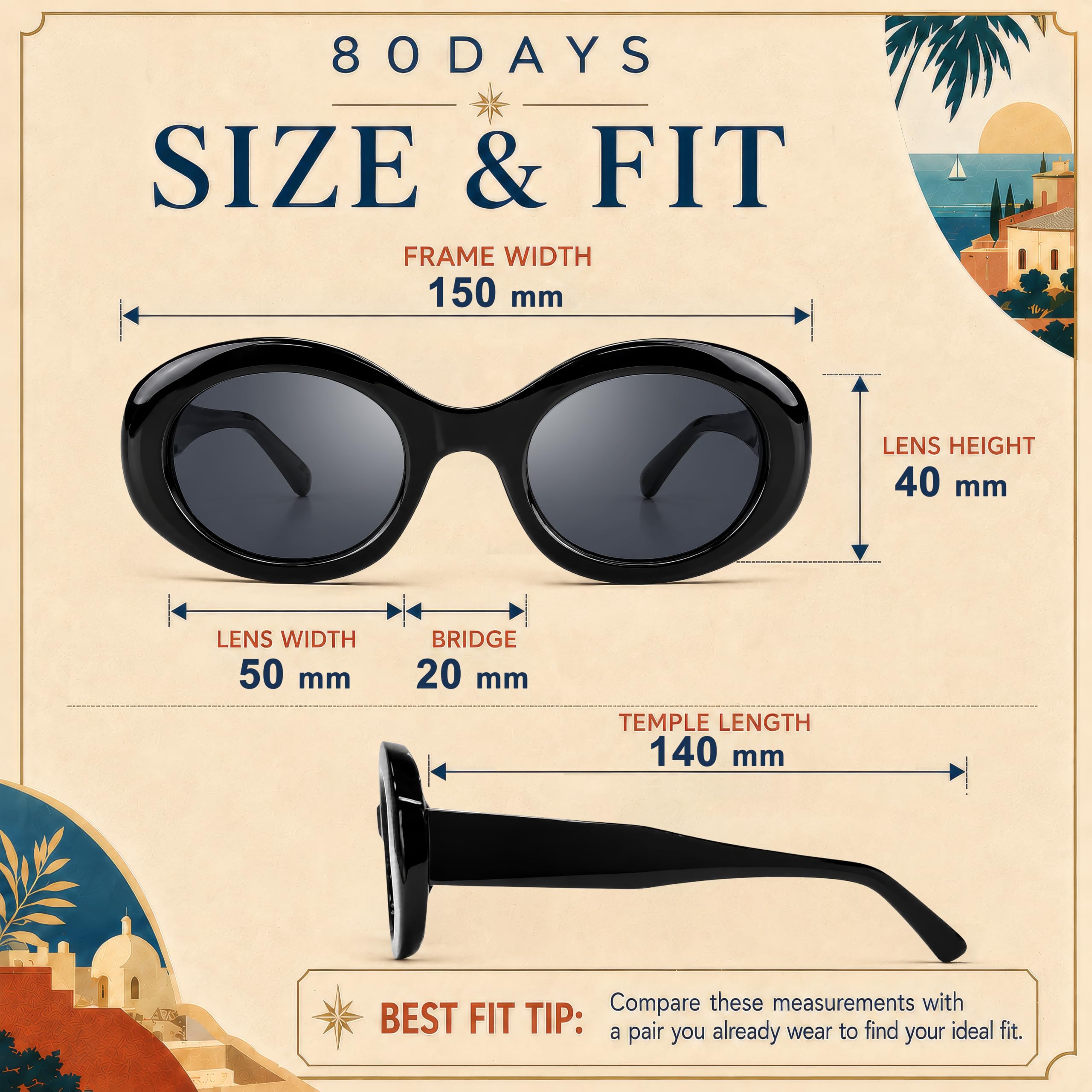 80Days Occhiali da Sole Ovali Donna – UV400, Stile Distintivo, Retrò Chic