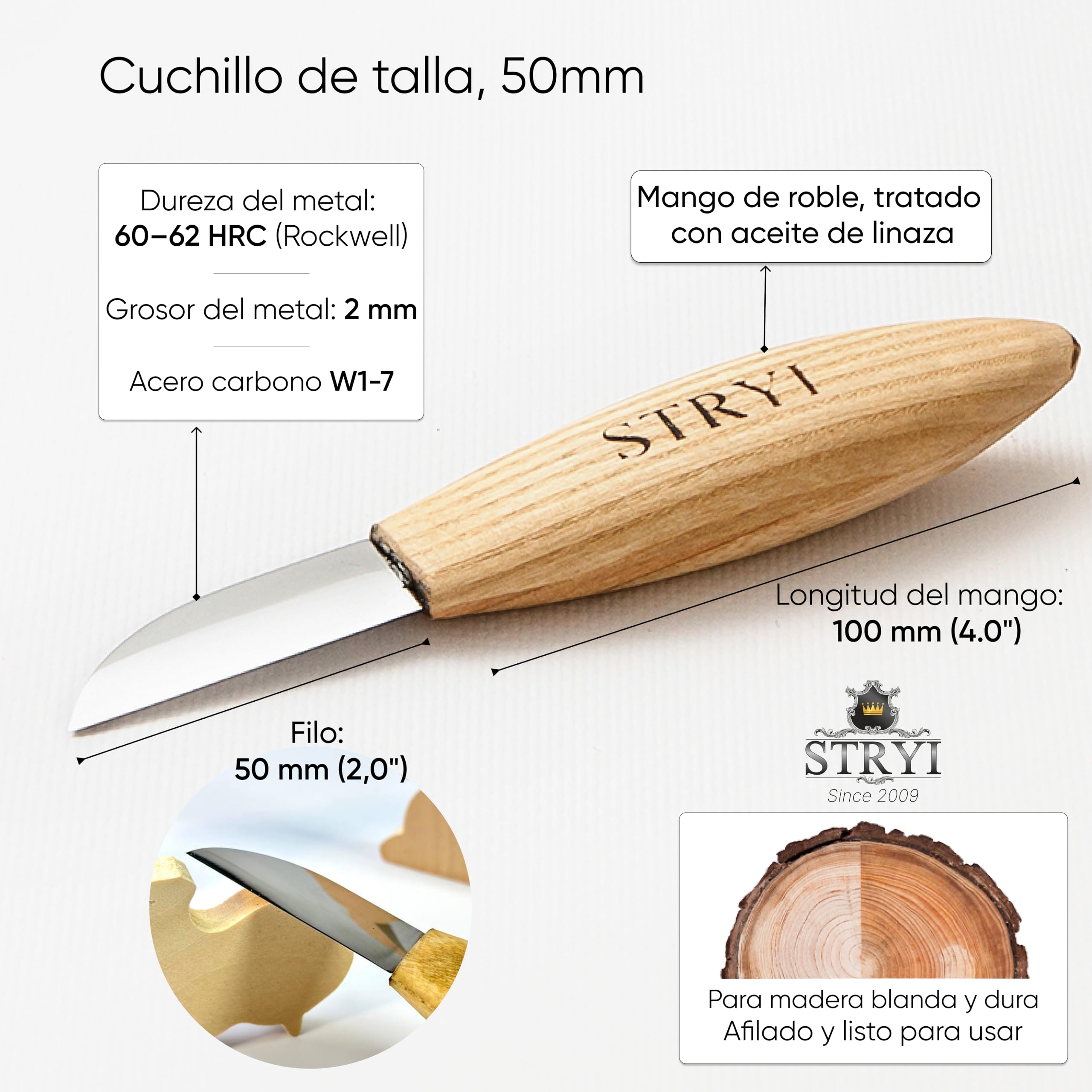 STRYI Cuchillo profesional para tallar 50 mm – Cuchillo Sloyd forjado a mano de acero al carbono – Para tallado en madera, figuras, cucharas y relieves – Mango ergonómico de madera de roble