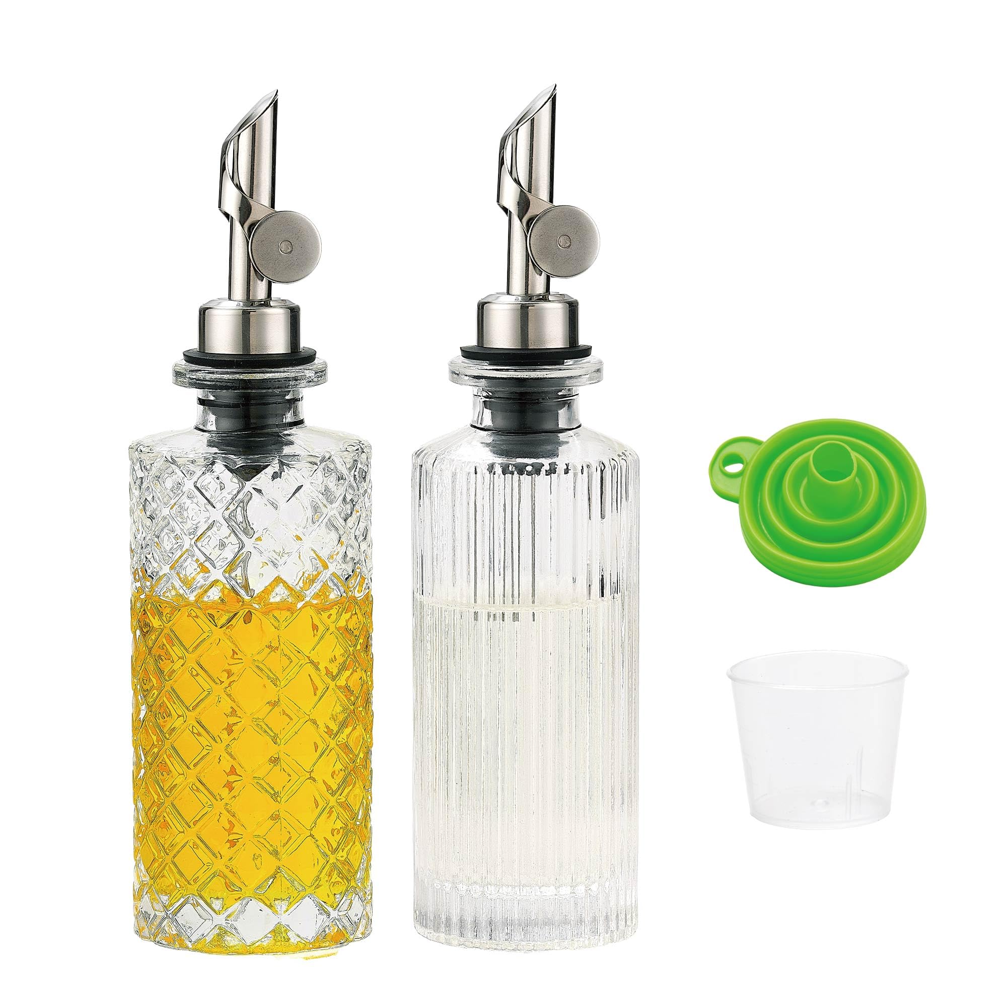 Botella dispensadora de aceite de oliva de vidrio pequeña, 6.5 onzas/200 ml, botellas de jarabe simples para café con boquilla de metal plateado, embudo, taza medidora, botella de aceite y