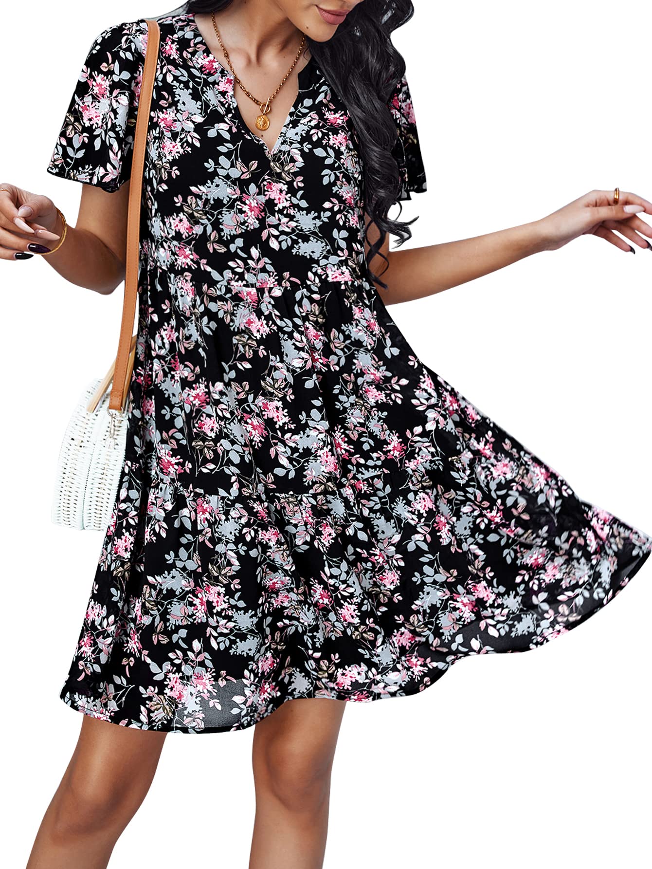 GAOVOT Women's Casual Sleeveless Mini Dress Halter Neck Summer Beach Dresses Backless Solid Flowy Tiered Short Dress