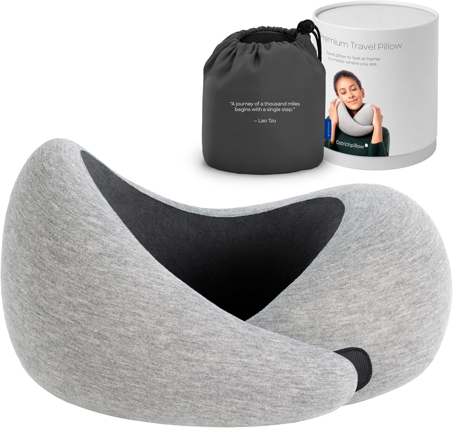 Ostrichpillow Go Neck Pillow – Premium Memory Foam Travel Pillow, 360º Ergonomic Design, Asymmetrical Sides, Travel Bag Included, Washable Modal Cover (Midnight Grey)