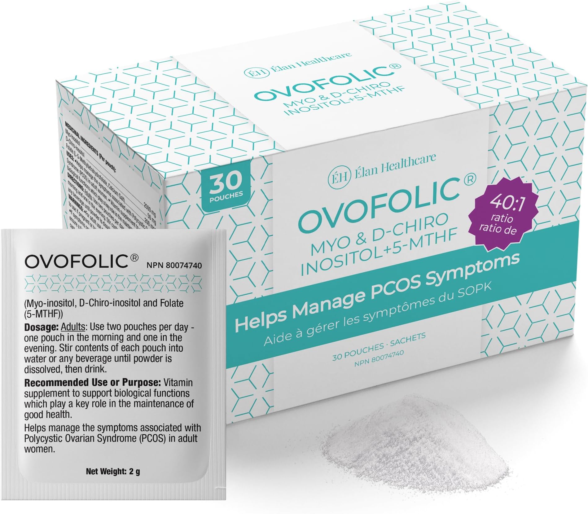 Ovofolic Inositol Supplement - Myo-Inositol and D-Chiro Inositol Plus Active Folate- Ideal 40:1 Ratio - 30 sachets