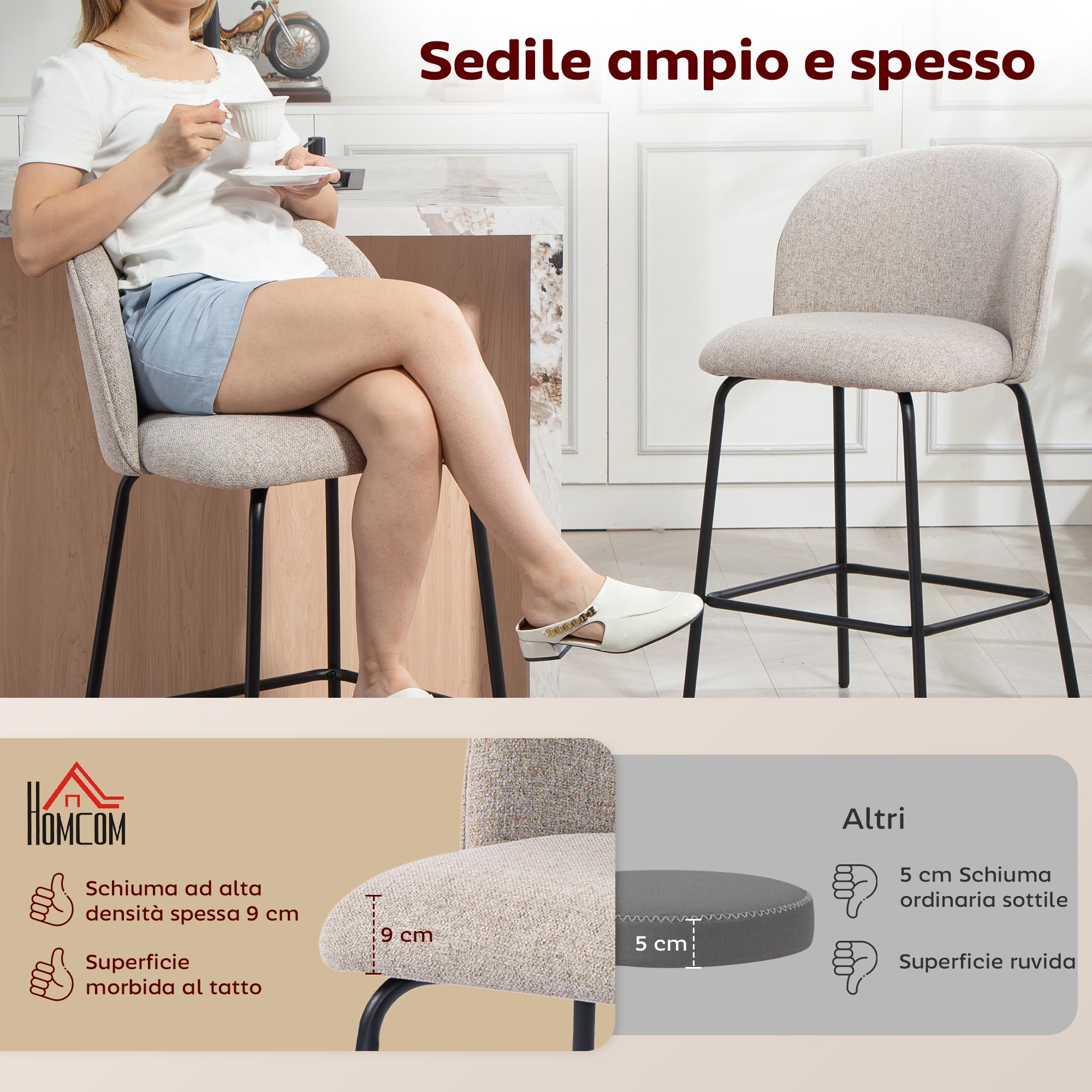 HOMCOM Set 2 Sgabelli Bar con Schienale Ergonomico con Poggiapiedi Grigio | Sgabelli Cucina in Lino, Gambe in Acciaio, Seduta Ampia Imbottita, Sedie Bar Alte per Soggiorno, Sala da Pranzo, Cucina