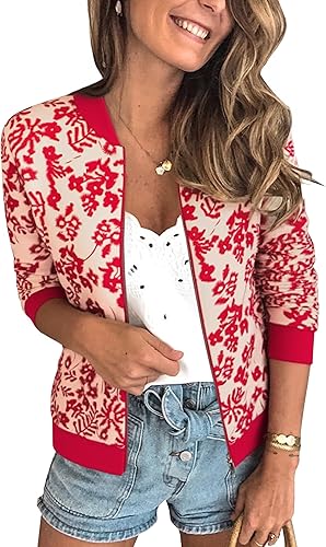 ECOWISH Women's Casual Floral Zip Up Bomber Jacket Coat Lightweight Short Camo No Lining Outwear Tops Windbreaker with Pocket