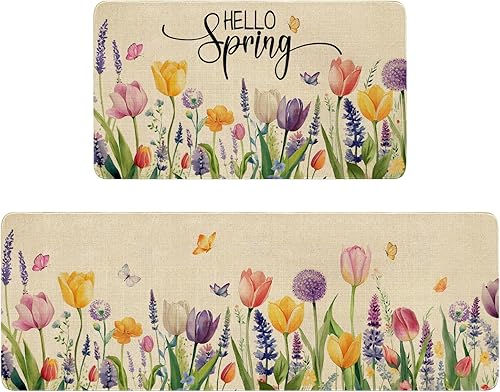 Xsinufn Juego de 2 alfombras y tapetes de cocina de granja de primavera, diseño de tulipán lavanda, antideslizante, lavable, tapete decorativo para Xsinufn Juego de 2 alfombras y tapetes de cocina de granja de primavera, diseño de tulipán lavanda, antideslizante, lavable, tapete decorativo para