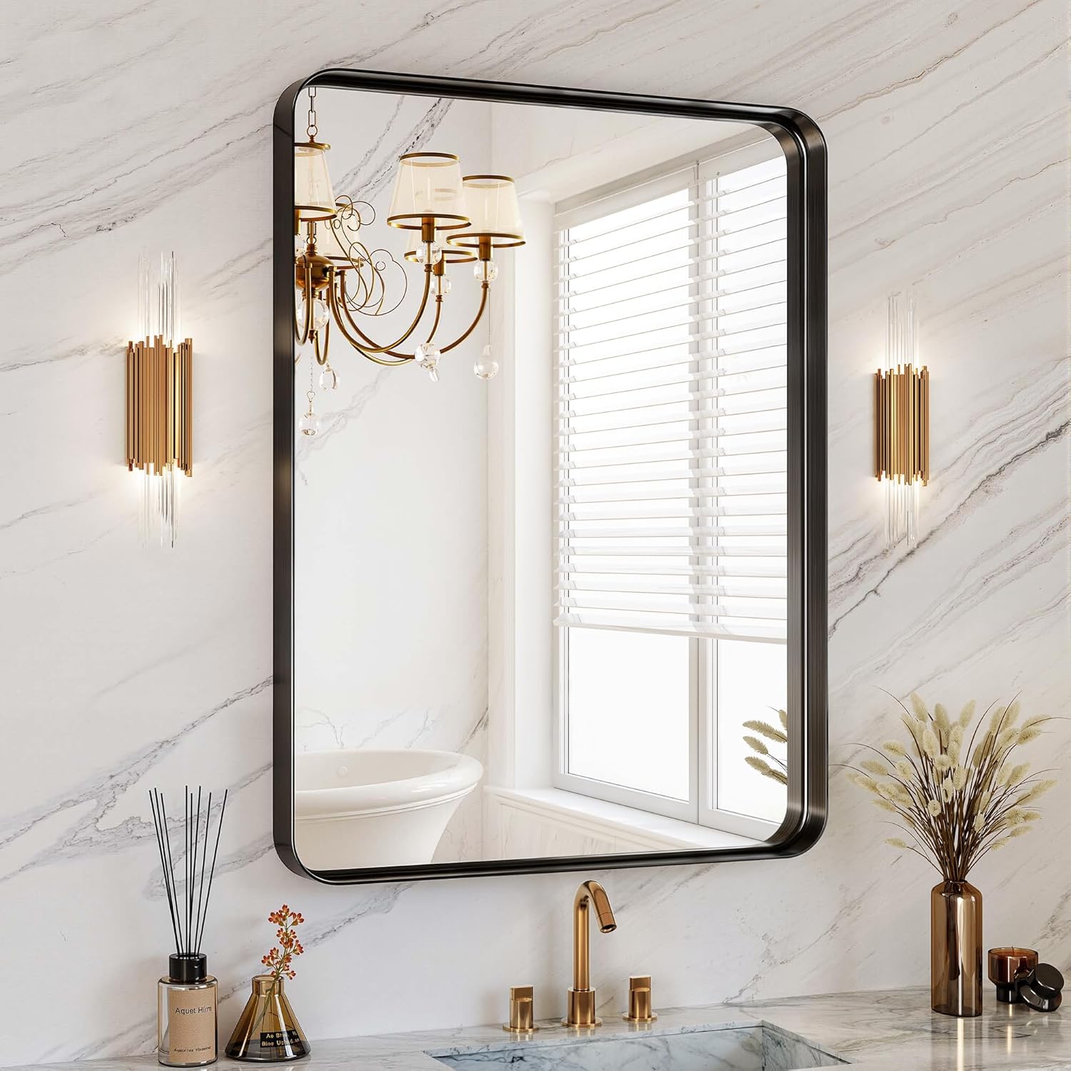 30x36 Inch Black Metal Framed Bathroom Mirror for Wall HD Tempered Glass Vanity Mirror for Over Sink Anti-Rust