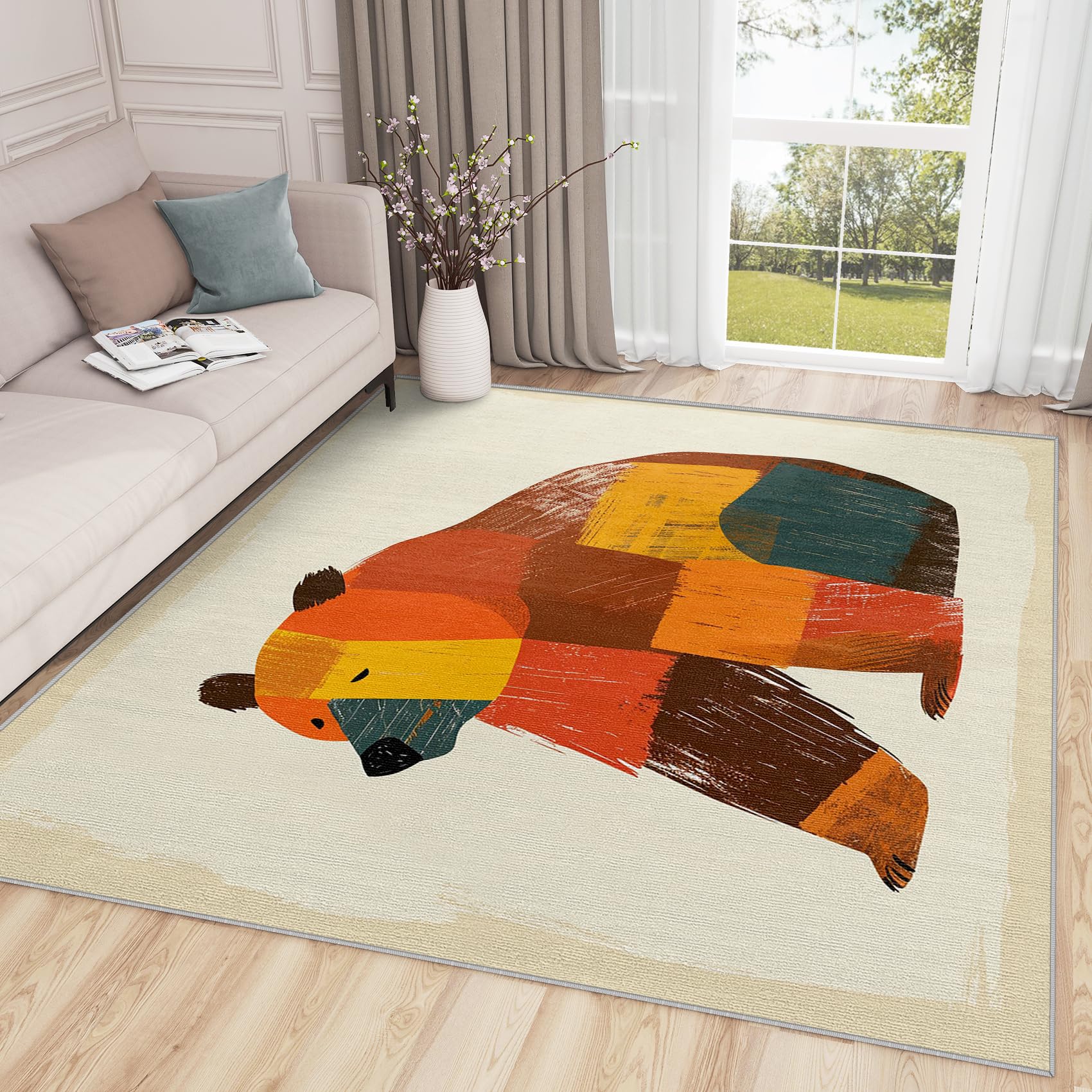 SherAvant Bear Rug for Nursery - 4x5 Rug - Bear Rug - Abstract Colorful Wildlife Area Rug - Multicolor Wild Animal Rugs - Cabin Animal Carpet - Home