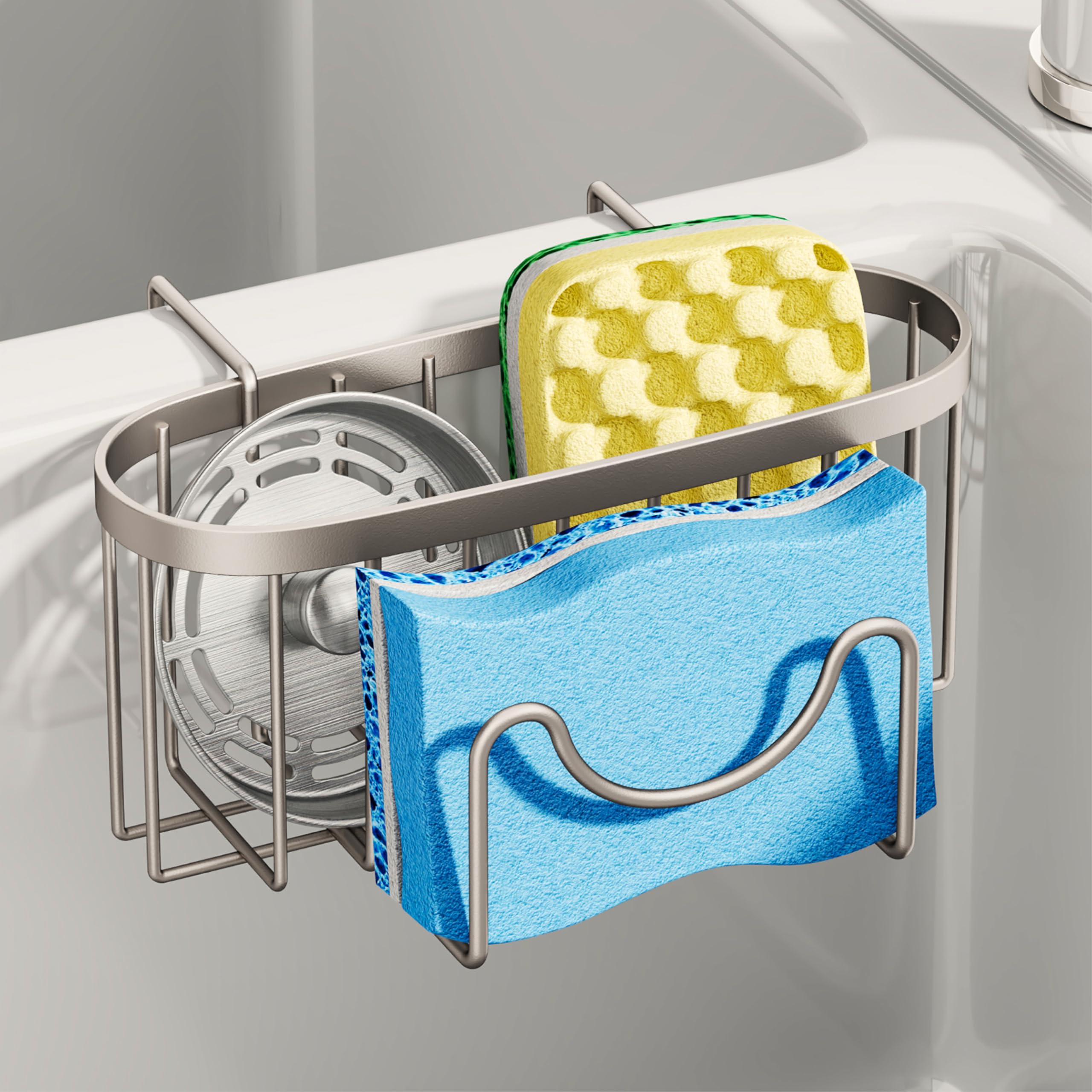 SWTYMIKI Sponge Holder for Kitchen Sink - Movable Kitchen Sink Caddy with M Shape Hook Stainless Steel Hanging
