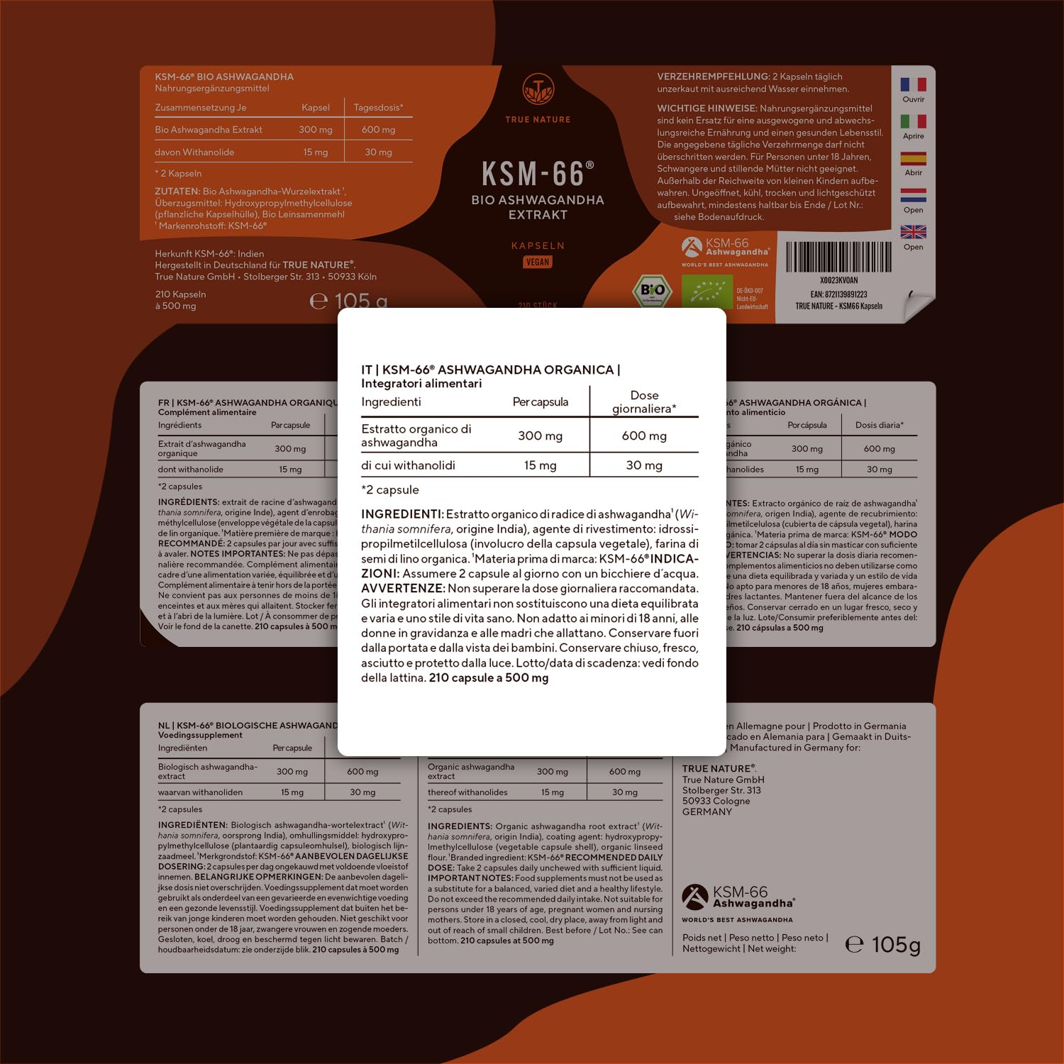 Bio Ashwagandha KSM-66® 210 Capsule - Alto Dosaggio di 600 mg al giorno (Withania Somnifera) - vegano, Bio India, testato in Laboratorio, produzione Tedesca - TRUE NATURE
