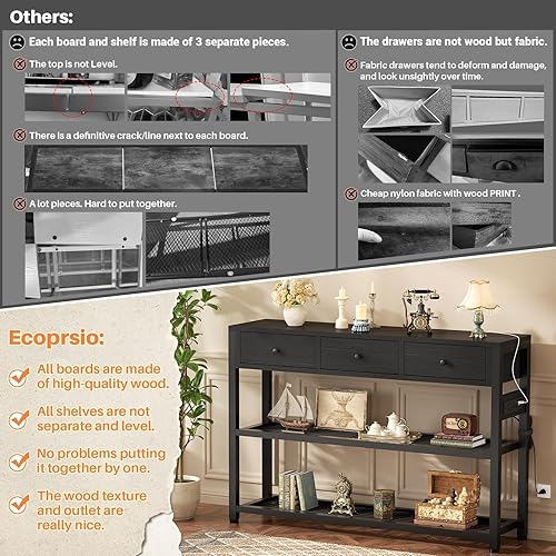 Miniatura 5 de Ecopriso Mesa de Entrada de 47'' con Tomacorrientes y Puertos USB, Mesa Consola con 3 Cajones, Mesa de Sofá Estrecha Larga con Estantes de Negro