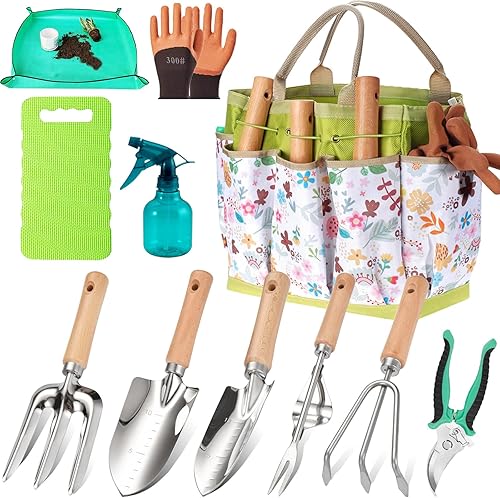 Juego de herramientas de jardín de 11 piezas, herramientas manuales de jardinería resistentes, acero inoxidable resistente al óxido con organizador