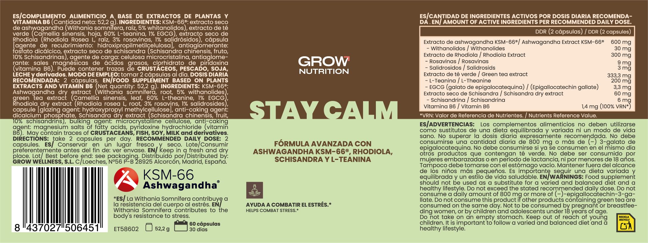 Grow Wellness - Stay Calm | Suplemento en Cápsulas a Base de Ashwagandha KSM-66 | 60 Cápsulas | Sin Gluten y Apto para Veganos