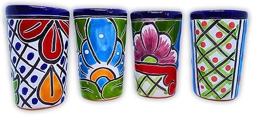 Miniatura 9 de Juego de 4 vasos de chupito Talavera mexicanos auténticos vasos de chupito de tequila - pintados a mano - 2 Oz azul con verde