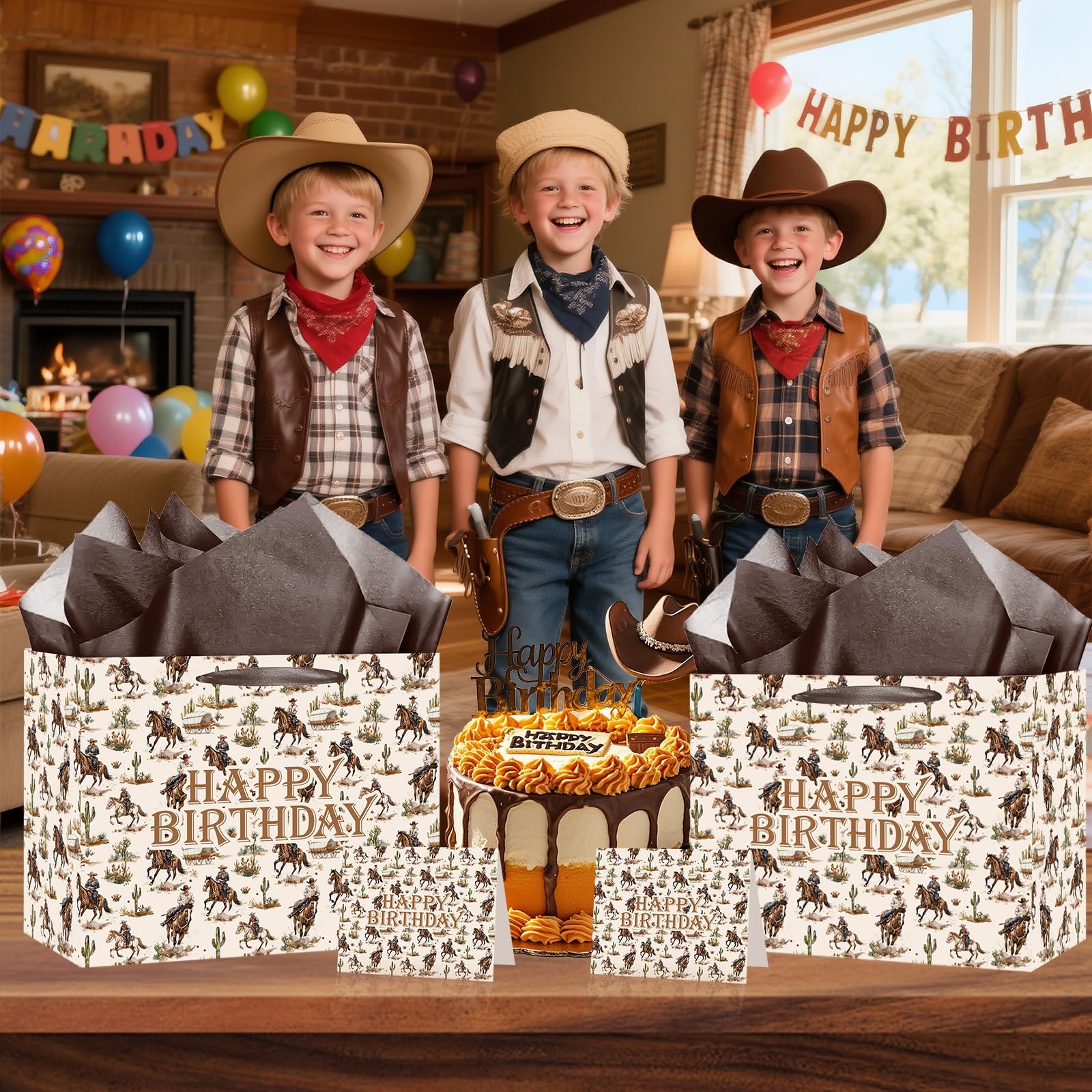 Woosytoo Cowboy Birthday Gift Bag Western Rodeo Happy Birthday Wrapping Bag with Greeting Card and Tissue Paper Wild West Horse Treat Candy Bag for Boys Men Bday Western Theme Party Supplies