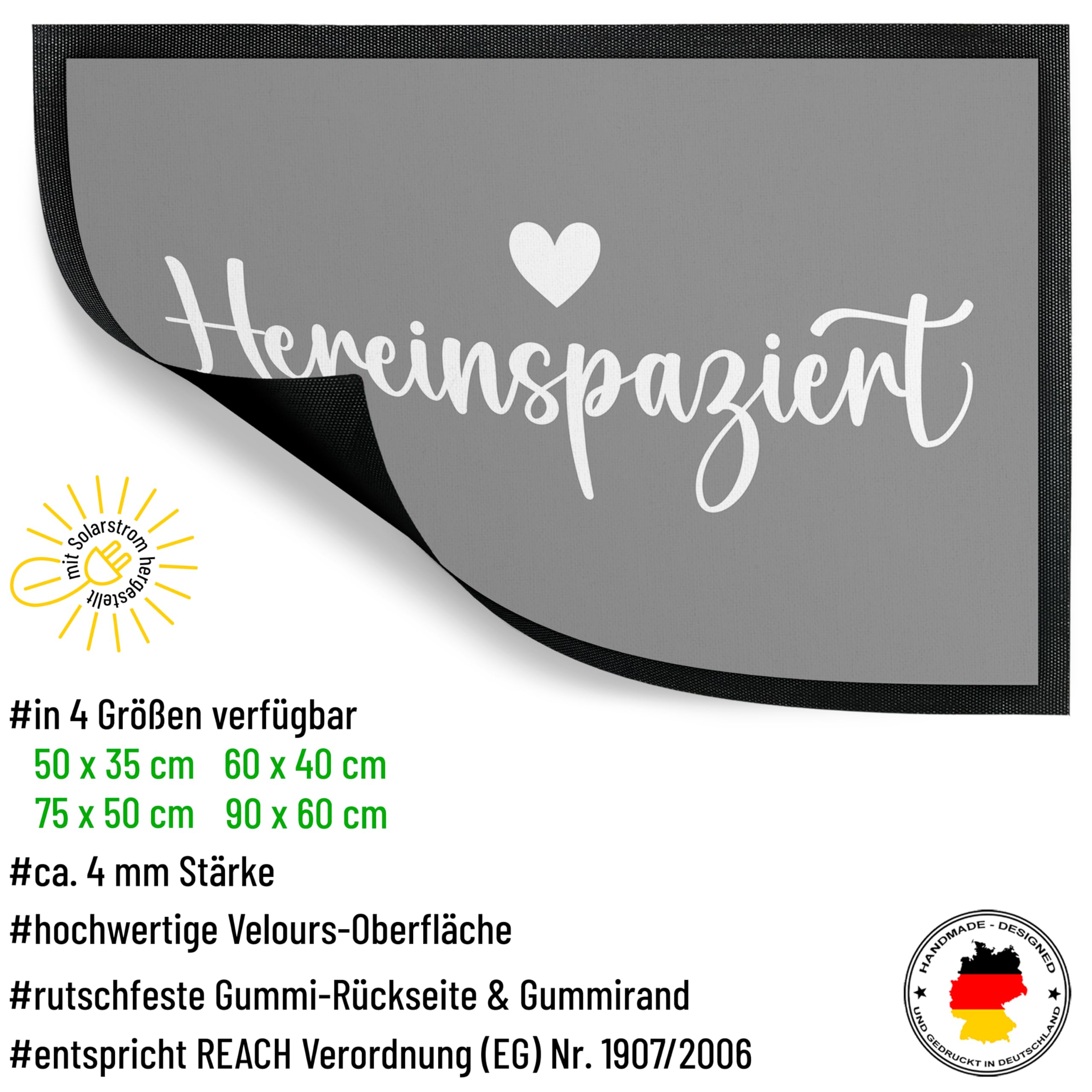 Fußmatte grau „Hereinspaziert“ - Herz - für Innen & Außen – rutschfest, extra dünn & saugfähig - Türmatte - Eingangsbereich Deko - Geschenk für Freunde und Familie zu jedem Anlass, 50 x 75 cm