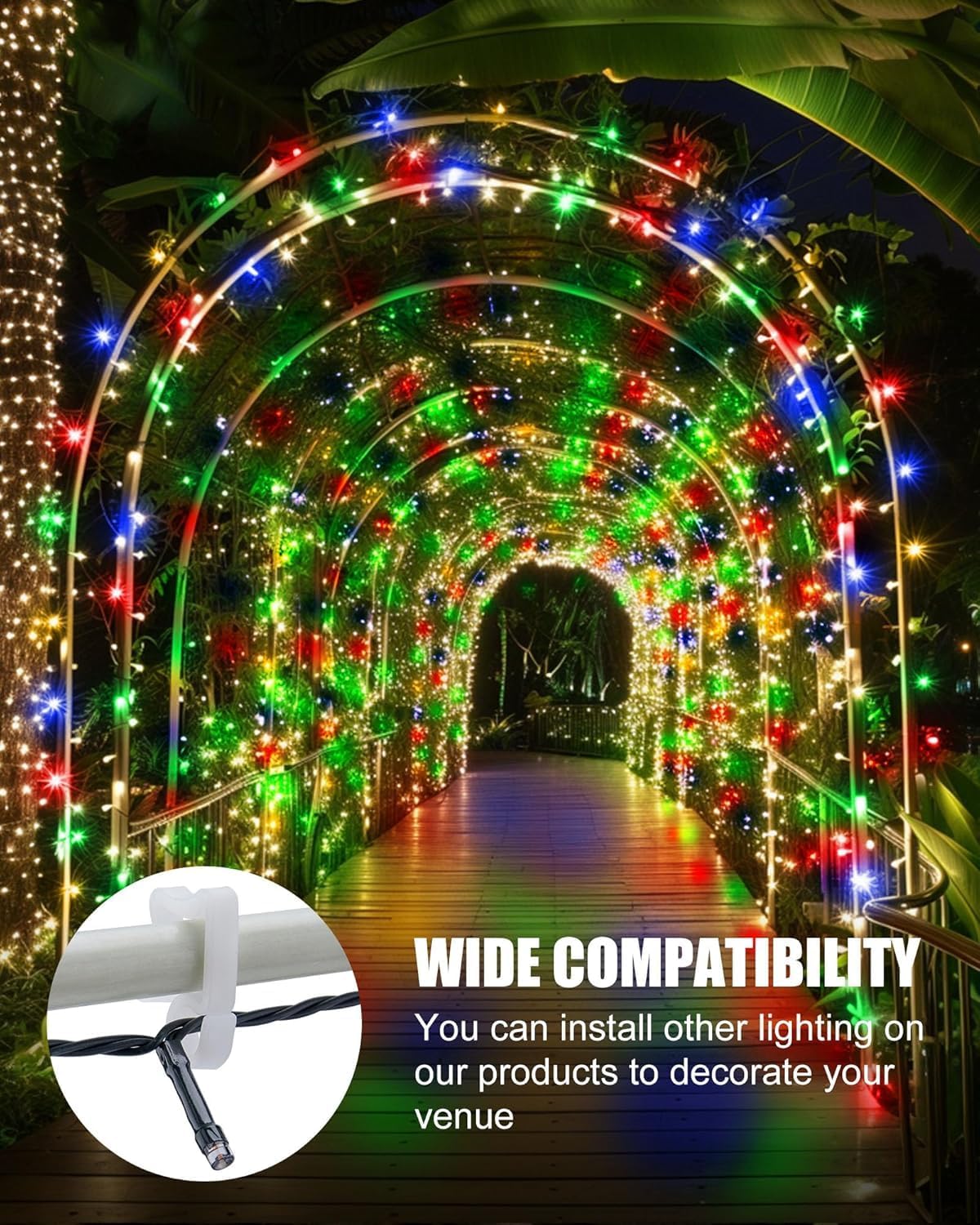Product List: Image showing 6 metal stakes, a storage bag, 3 arch pole sets, string light clips, and multicolored Christmas lights.