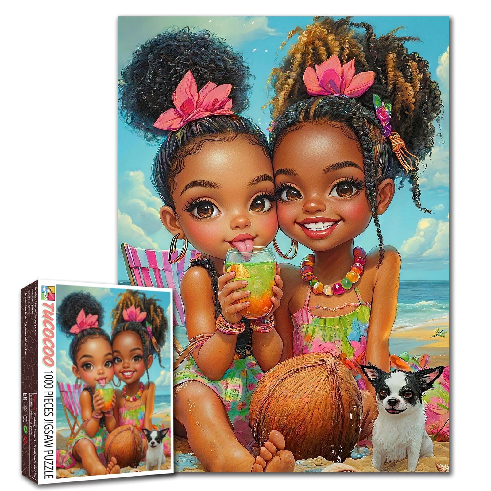 1000 Piece Jigsaw Puzzles for Adults African American Girl Beach Jigsaw Puzzle Afro Black Sisters 1000 Pieces Puzzles Game Charming Africa DIY Craft Bedroom Decor Summer Best Friends Art