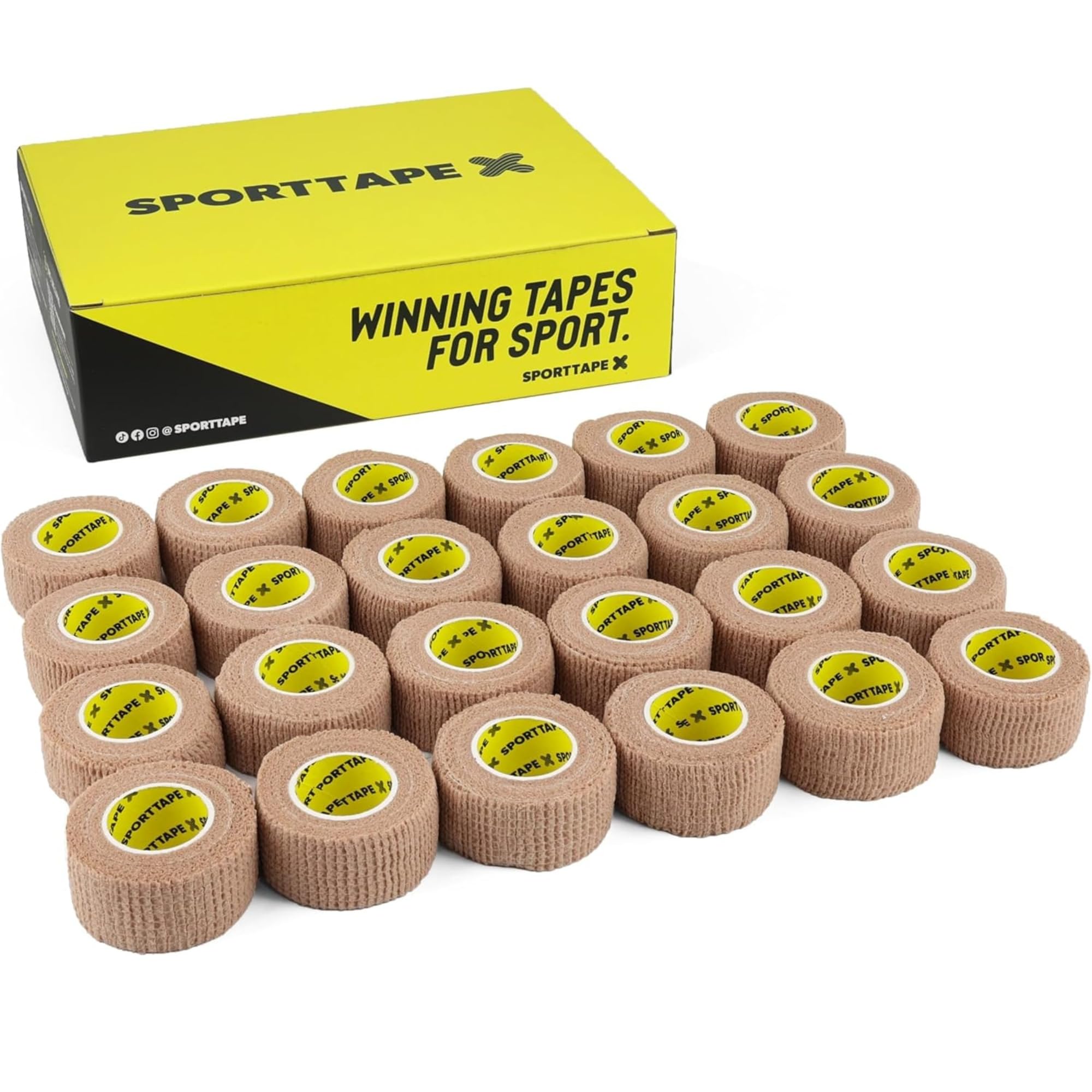 24 Rolls - SPORTTAPE Cohesive Finger Tape - 2.5cm x 4.5m | Compression Bandage - Beige | Self-Adhesive Wrap | Vetwrap, Thumb Tape, Goalkeeper Finger Tape