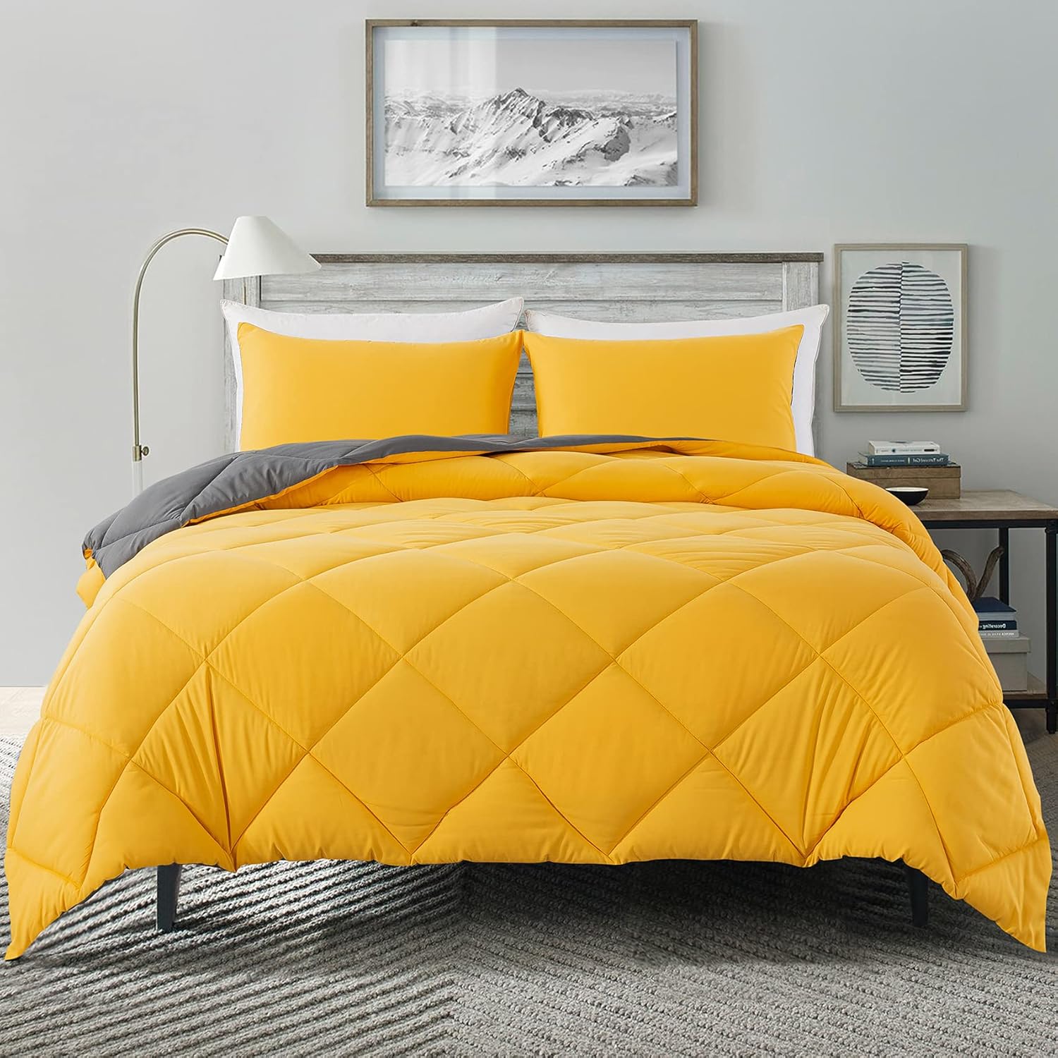 Decroom Lightweight King Comforter Set with 2 Pillow Sham - 3 Pieces Set - Quilted Down Alternative Comforter/Duvet Insert for All Season - Yellow/Grey- King Size King Yellow/Grey
