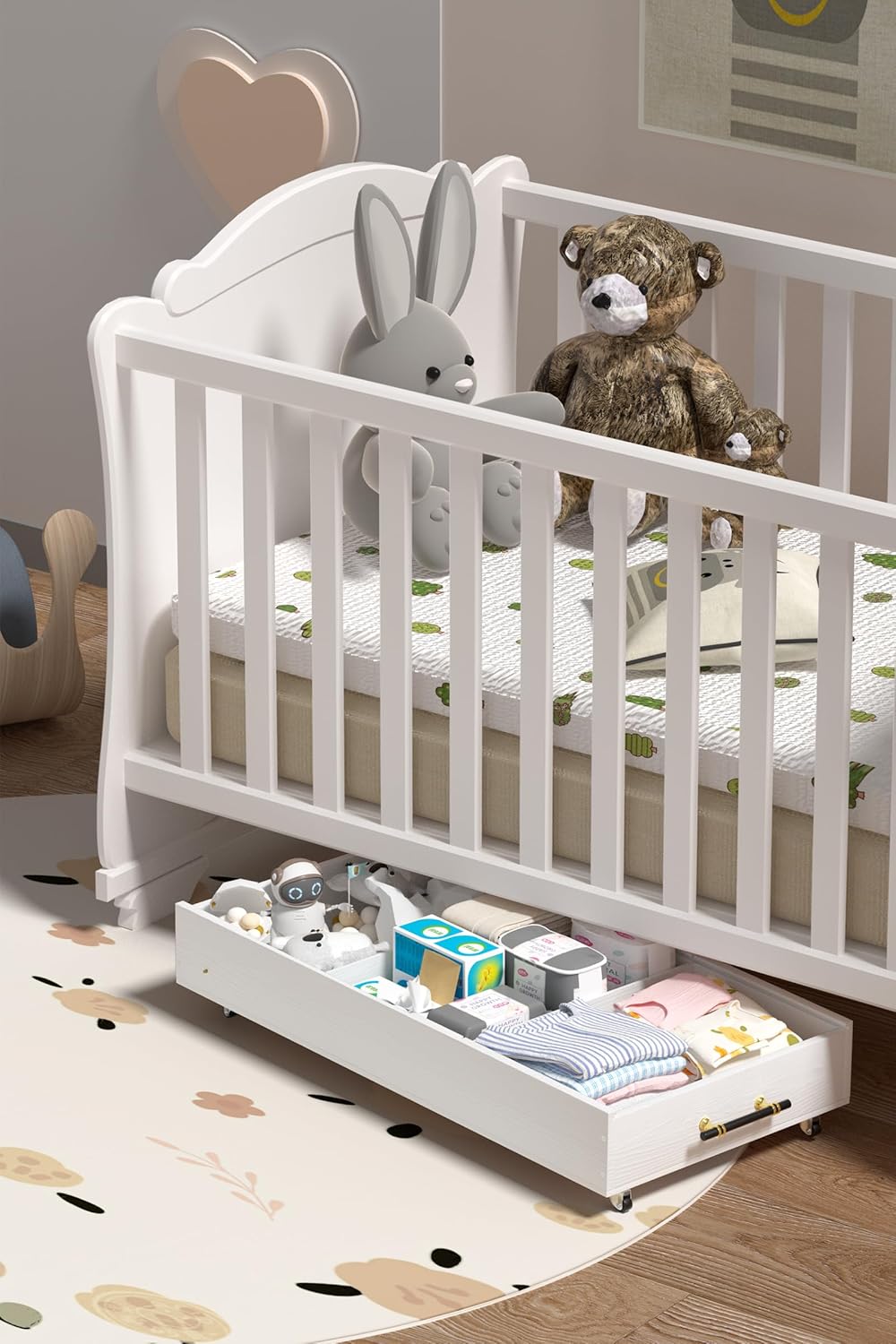 1-Pack Solid Wood Under Bed Storage Drawer with Lids, Wheels, Handles - Divided Underbed Cabinet for Closet - Wooden Crate Organizer for Clothes - Underneath Container Fit for Any Bed Size (White)