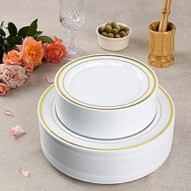 SETUP Case of 300 White Gold Rimmed Plastic Plates - Premium Heavy-Duty Disposable Plates for Wedding and Party, 150 10.25 Dinner and 150 7.5 Salad Plates