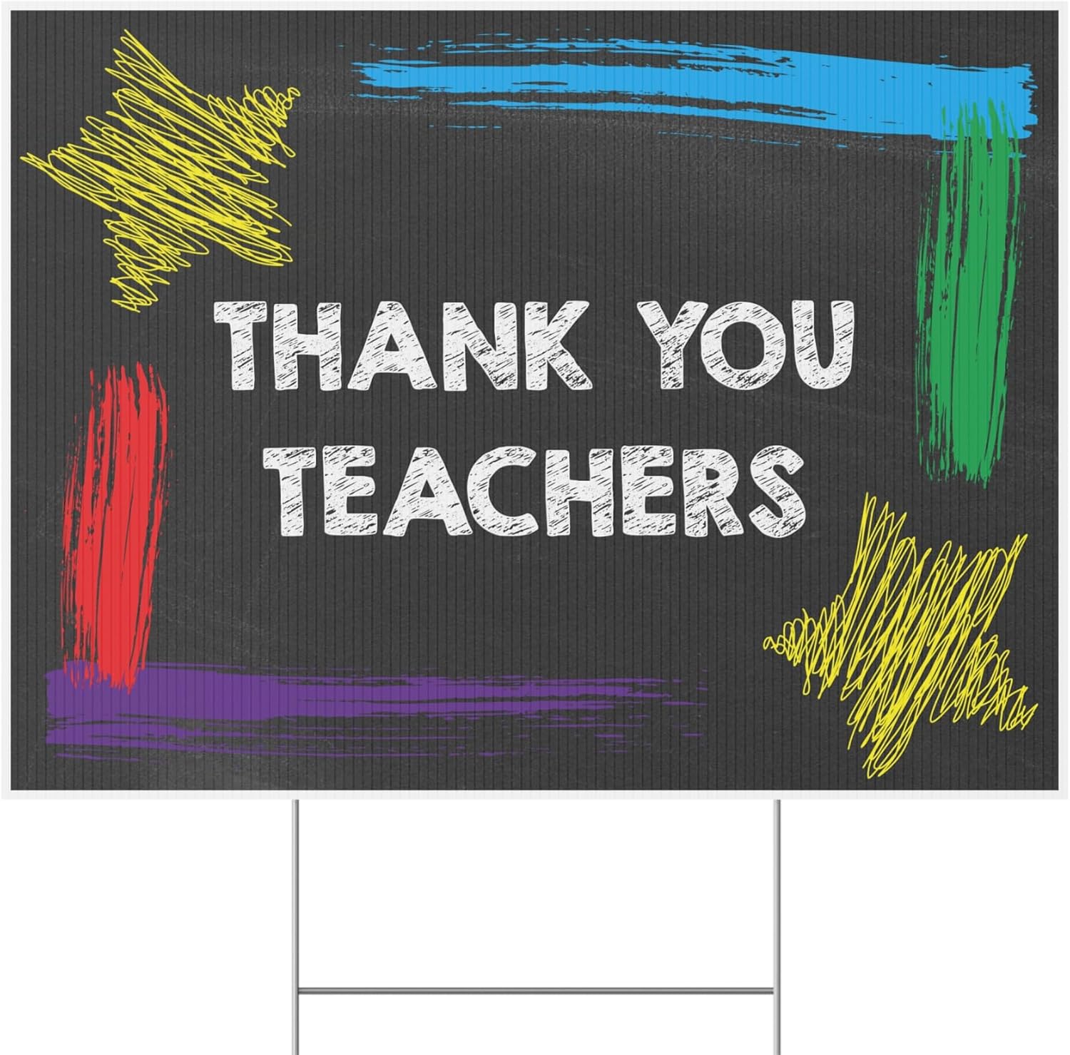 Thank You Teachers Yard Sign, Full Color Double Sided Outdoor Signs, Weatherproof with Metal H-Stake, Teacher Appreciation for Schools, Classrooms, & Homes (Chalkboard Stars, 24x18 Inches)