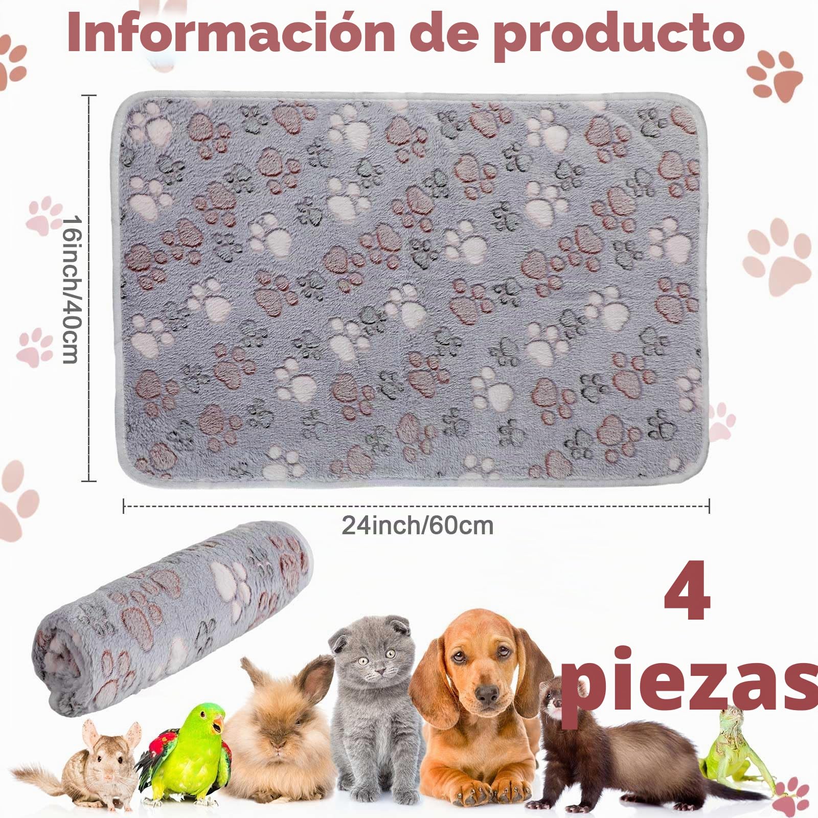 Namalu 4 Mantas de Forro Polar para Animal Pequeño Alfombrilla Impermeable Lavable de Cobaya Forro de Jaula Reutilizable Absorbente para Dormir Orina Cama Mascota (Huella Adorable, 60 x 40 cm)
