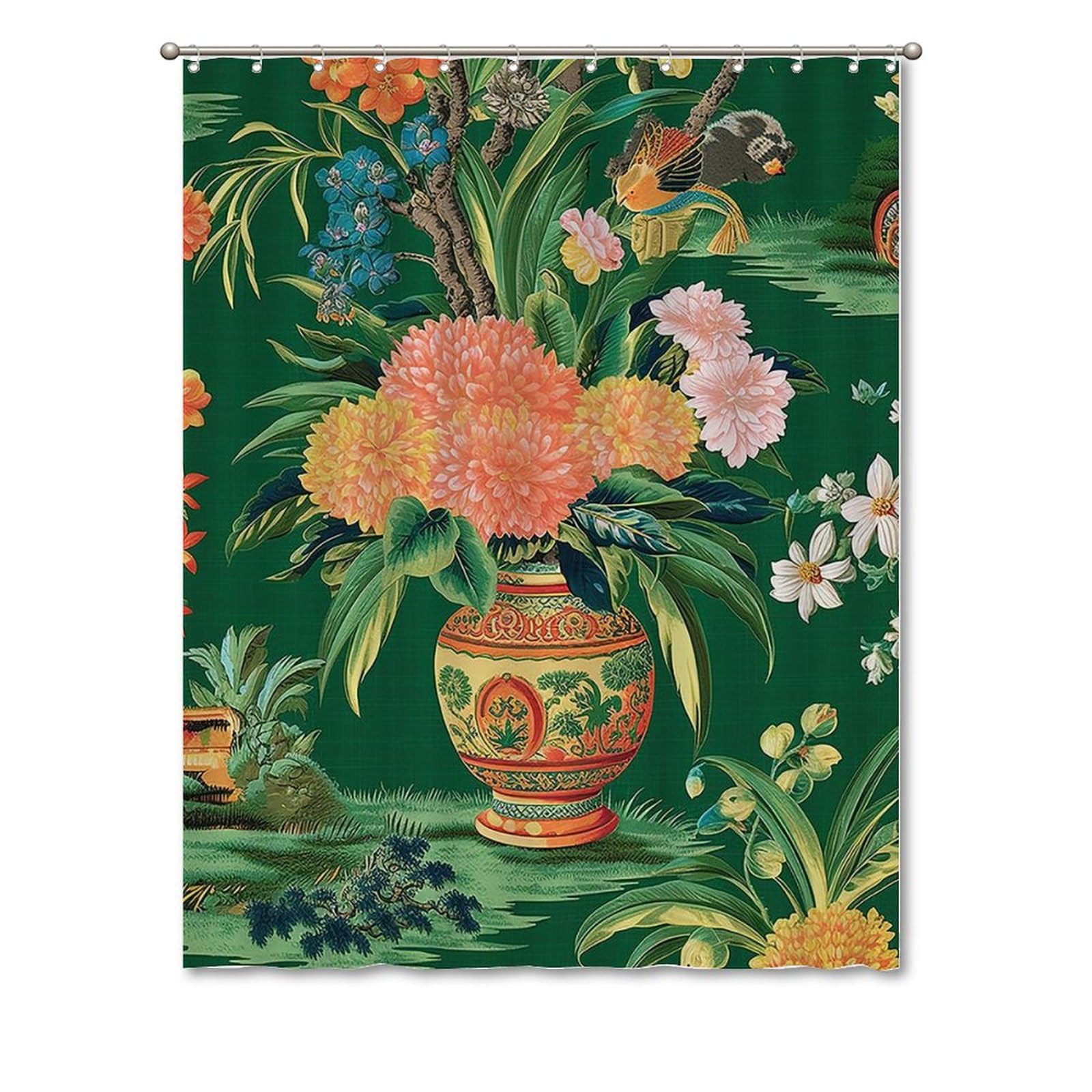 Rideaux de douche style chinoiserie vert 183x229 cm en polyester