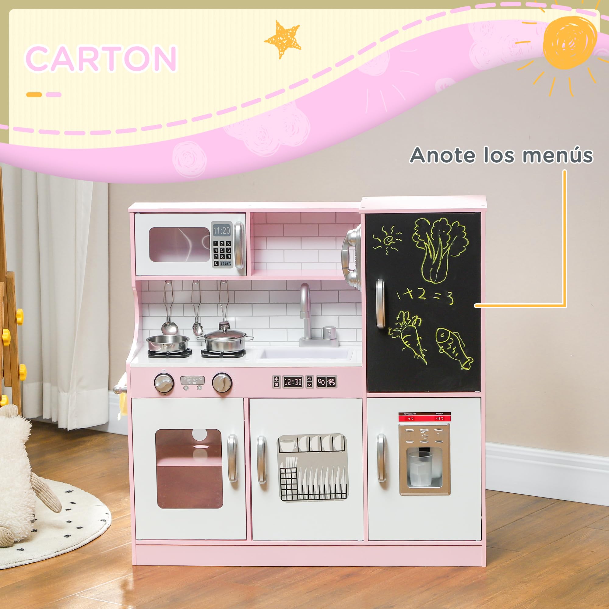 AIYAPLAY Cocina de Juguete Cocina para Niños de +3 Años Cocinita Infantil de Madera con Accesorios para Cocinar Pizarra Máquina de Hielo y Teléfono 83,8x26,8x81 cm Rosa