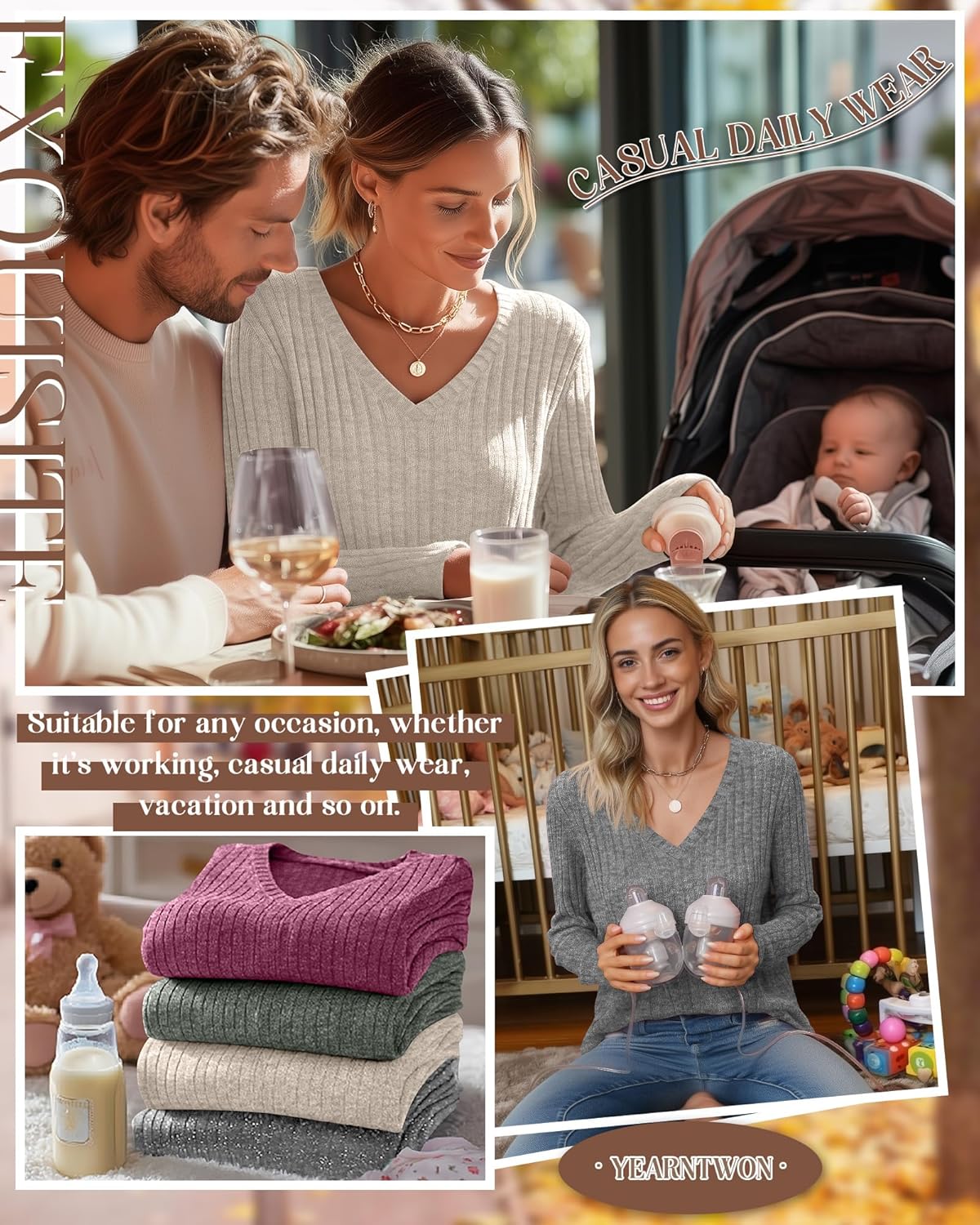 4 Pack Women's Maternity Nursing Tops, V Neck Breastfeeding Sweaters Long Sleeve Hidden Zipper Shirts - Image 2