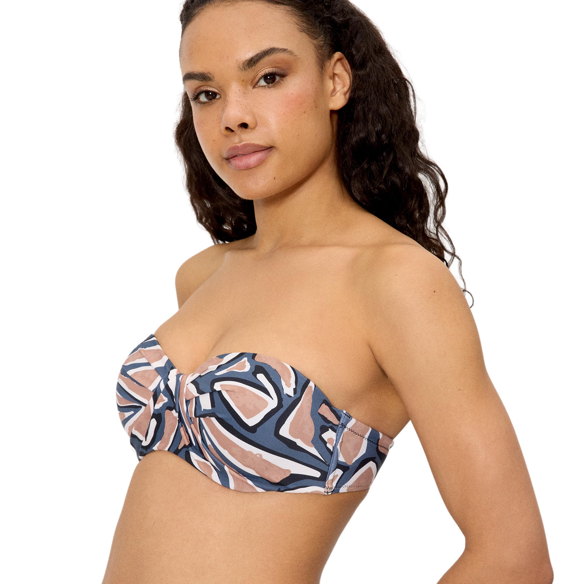 YSABEL MORA. Top Bikini Bandeau Estampado Copas C y D. con Aro Y Relleno. Tirantes Desmontables Anudados Al Cuello. Colección Beach.