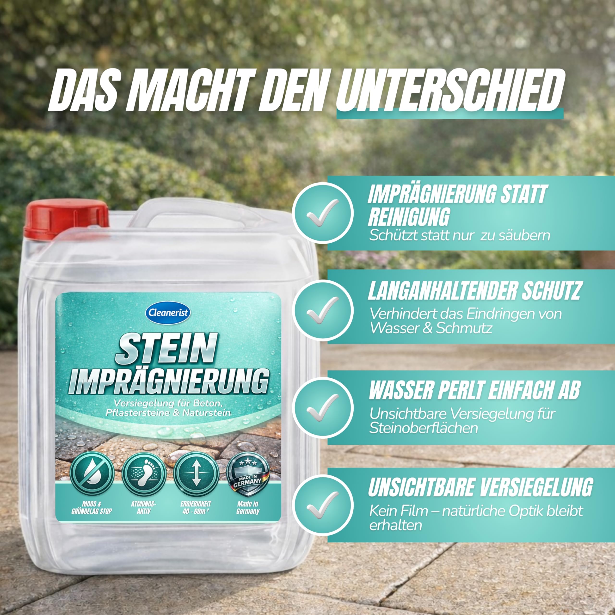 Cleanerist | 5L Steinimprägnierung Versiegelung für Pflastersteine Beton & Naturstein – Wasserabweisender Schutz gegen Moos Grünbelag Atmungsaktiver Abperleffekt Terrassen Fassaden Profi Qualität