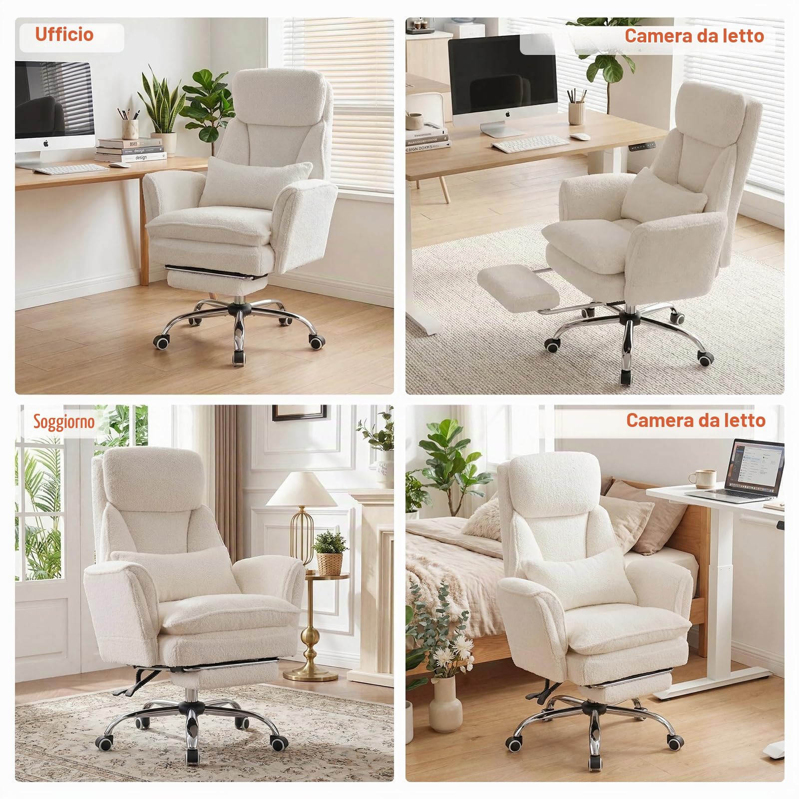 Sedia da ufficio con braccioli regolabili su 5 livelli, sedia da ufficio ergonomica con poggiapiedi e supporto lombare, sedia da gioco in altezza regolabile in riccio 200 kg, bianco