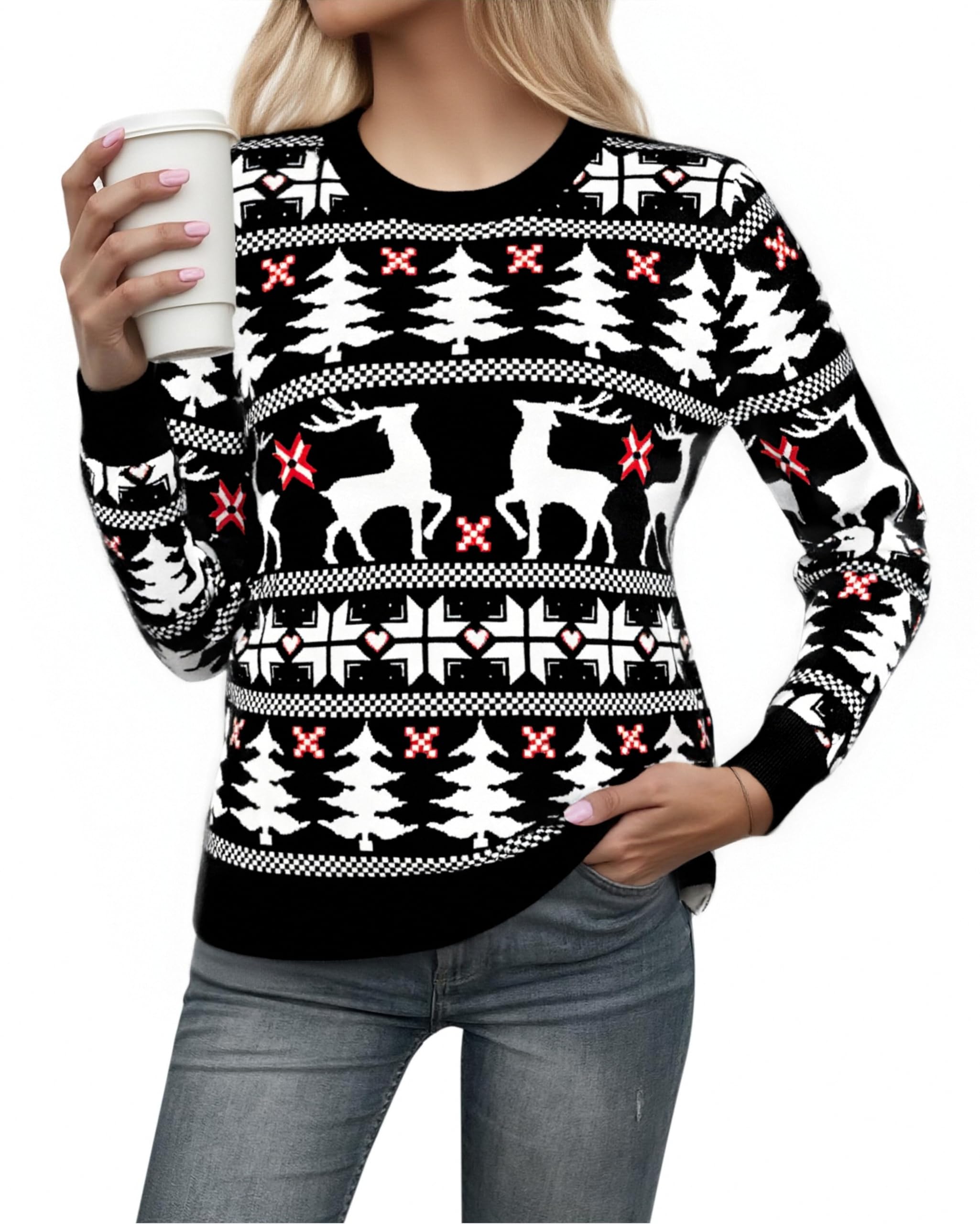 Bresdk Maglione Natalizio Donna Maniche Lunghe Maglioni Natalizi Famiglia Girocollo Pullover Natale Morbida e Calda Perfetto per Madre, Moglie, Amici, Coppie S-XXL