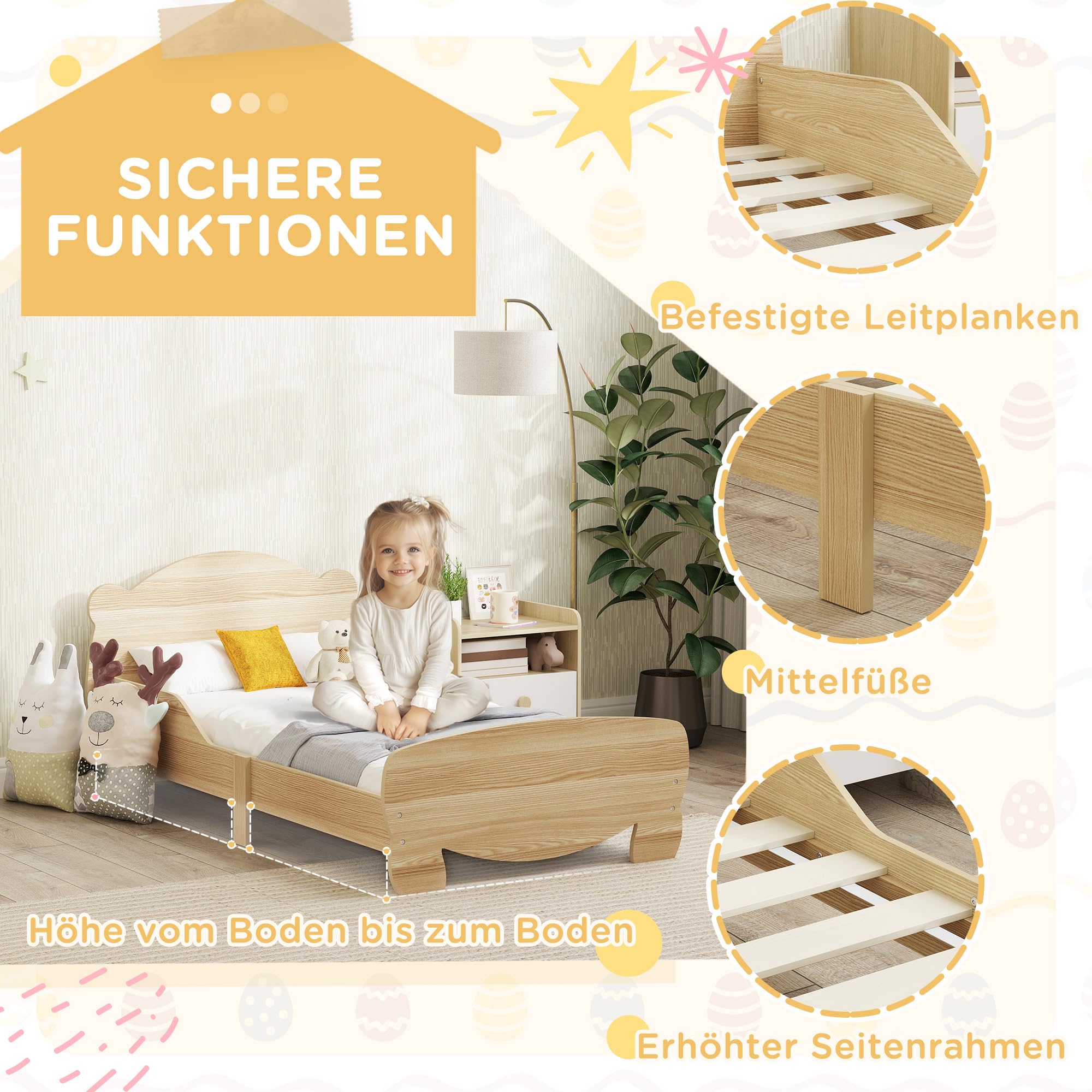 AIYAPLAY Kinderbett mit Rausfallschutz Lattenrost 140 x 70 cm Jugendbett mit Bären-Design Einzelbett für Mädchen und Jungen Naturholz