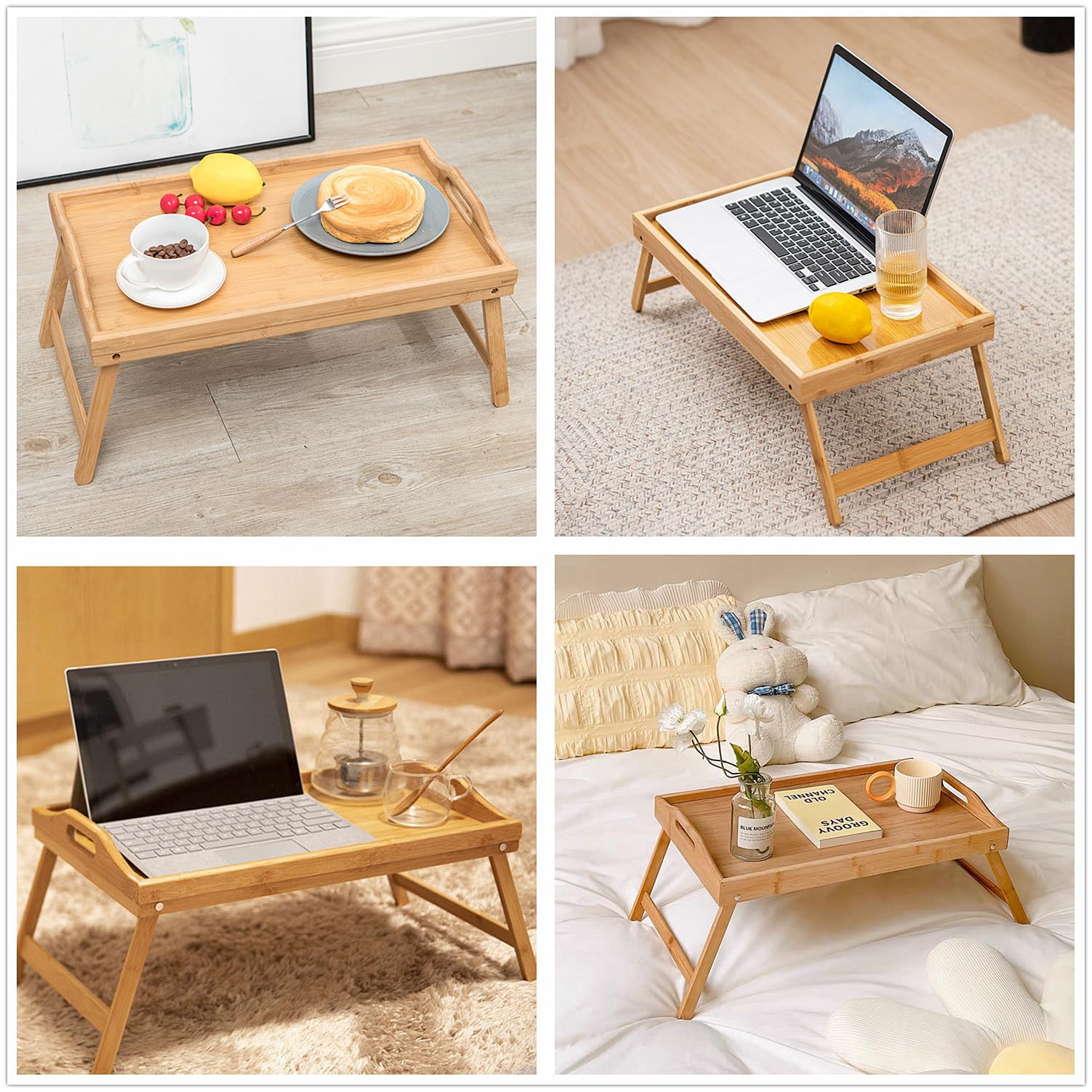 Betttablett Bambus, Klappbaren Serviertablett für Frühstück mit Griffen, Multifunktionaler Frühstückstisch für Bett, Sofa & Boden, Ideal für Frühstück, Arbeiten, Lesen & Entertainment.