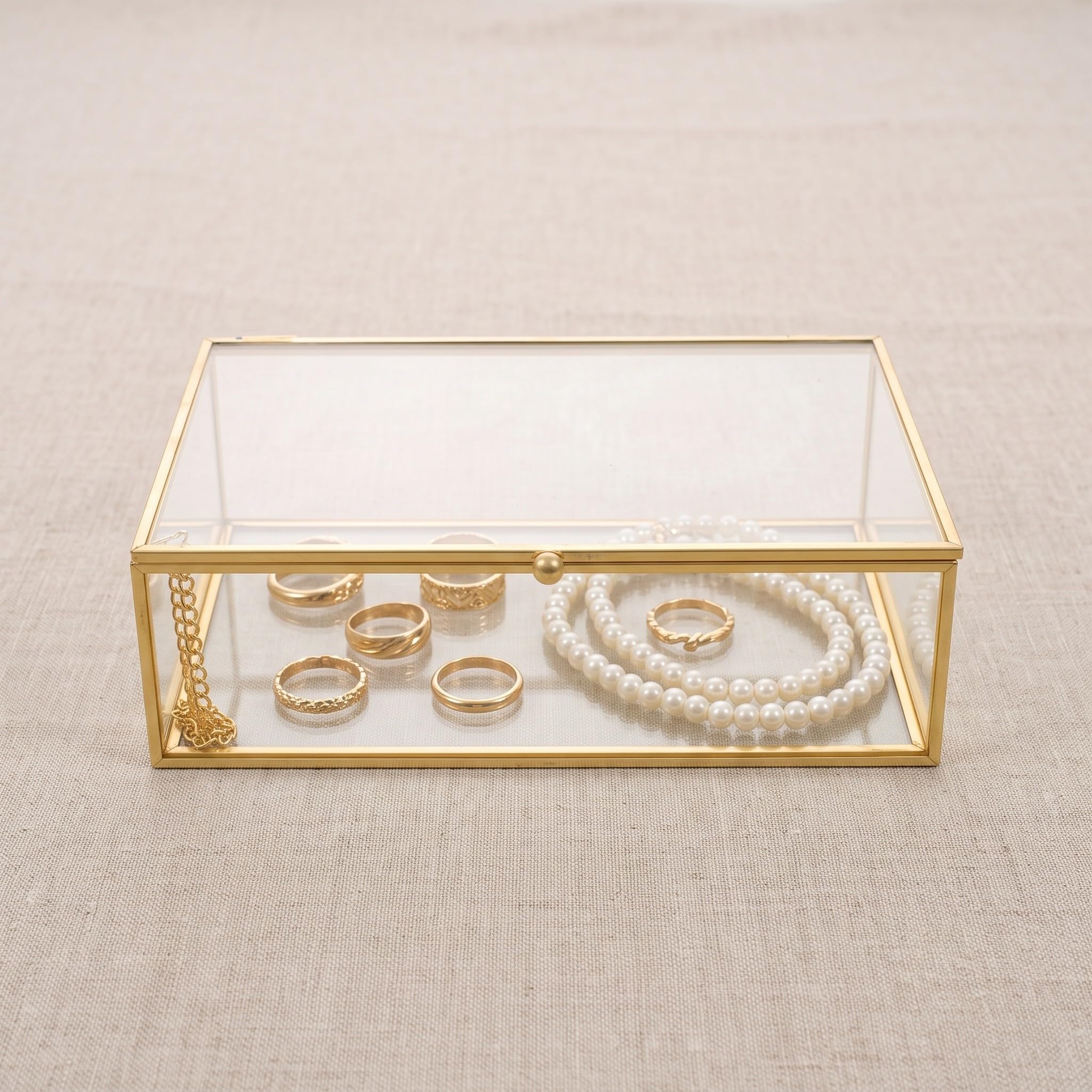 Lurrose Caja de cristal vintage para guardar recuerdos: Caja dorada para tarjetas con tapa abatible - Joyero de cristal para guardar tarjetas de boda, baratijas, fotos y más. 7,95 x 5,12 x 2,48