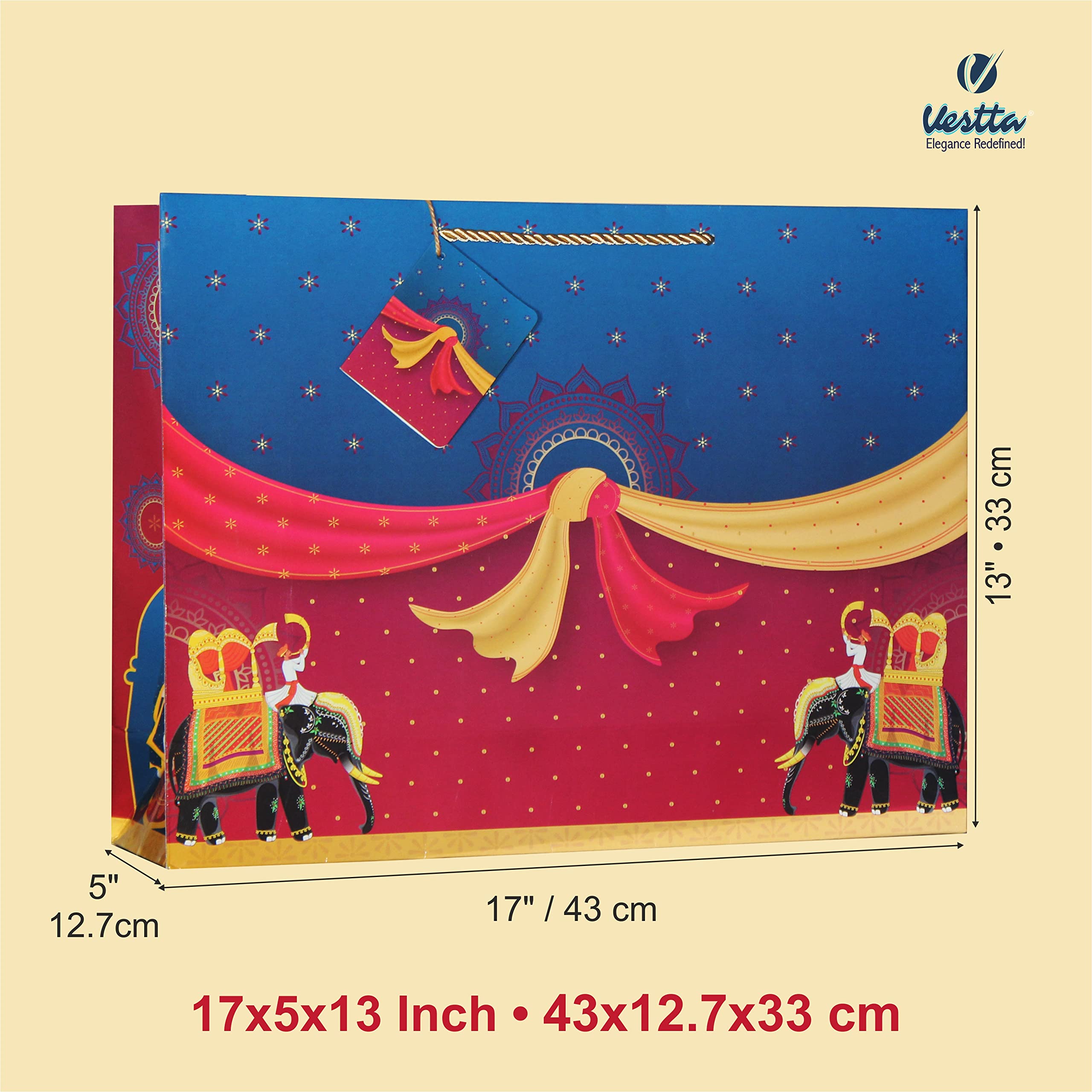VESTTA -ELEGANCE REDEFINED Gift Paper Bag,Extra Large,17 (L) X 5 (B) X 13 (H) Inch,Bandhan,Dulha Dulhan,Barat Print For Weddings,Engagements,Bridal Showers,Anniversaries - Blue,Red,10 Count 3