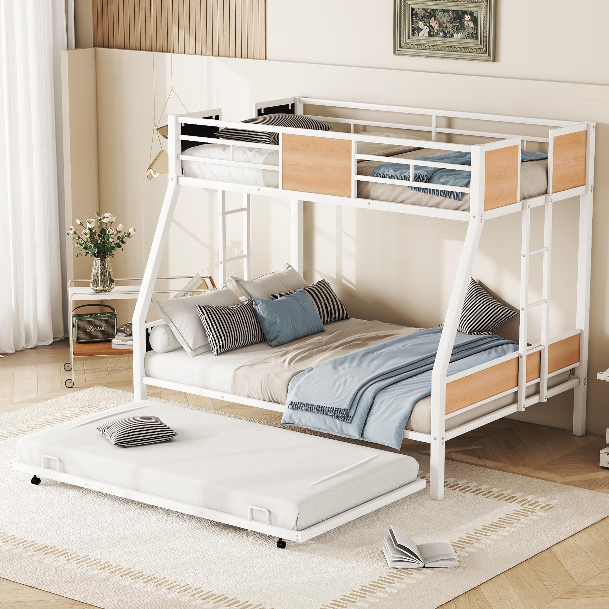 Metal Twin Over Full Bunk Bed with Trundle,Heavy Duty Bunk Beds Twin Over Full, Space-Saving Bunk Bed for Kids/Teens/Adults,White