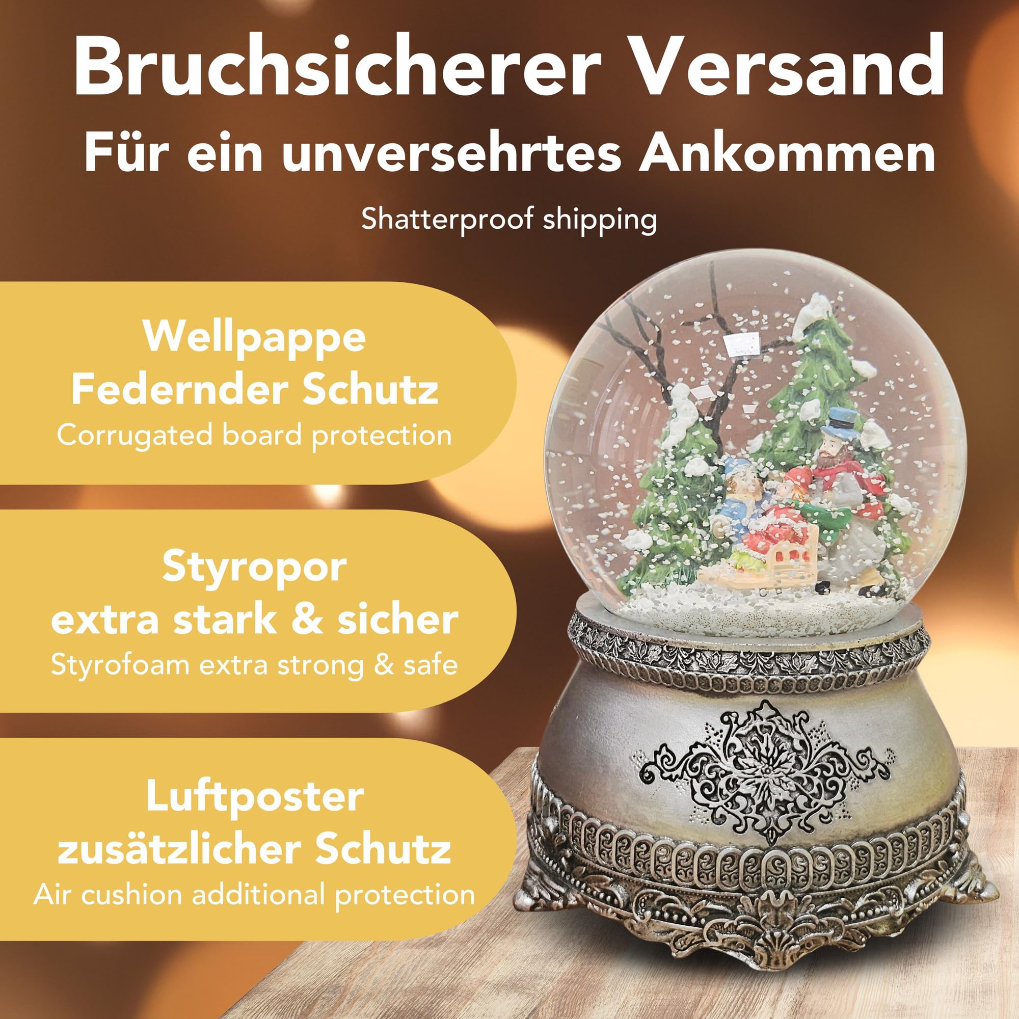 Weihnachts-Schneekugel mit Musik | Schneekugel Winterspaziergang mit Familie | Sockel Zinnoptik Ornamente | 100mm breit, 140mm hoch | mechanische Spieluhr | Weihnachtsdekoration | 20316