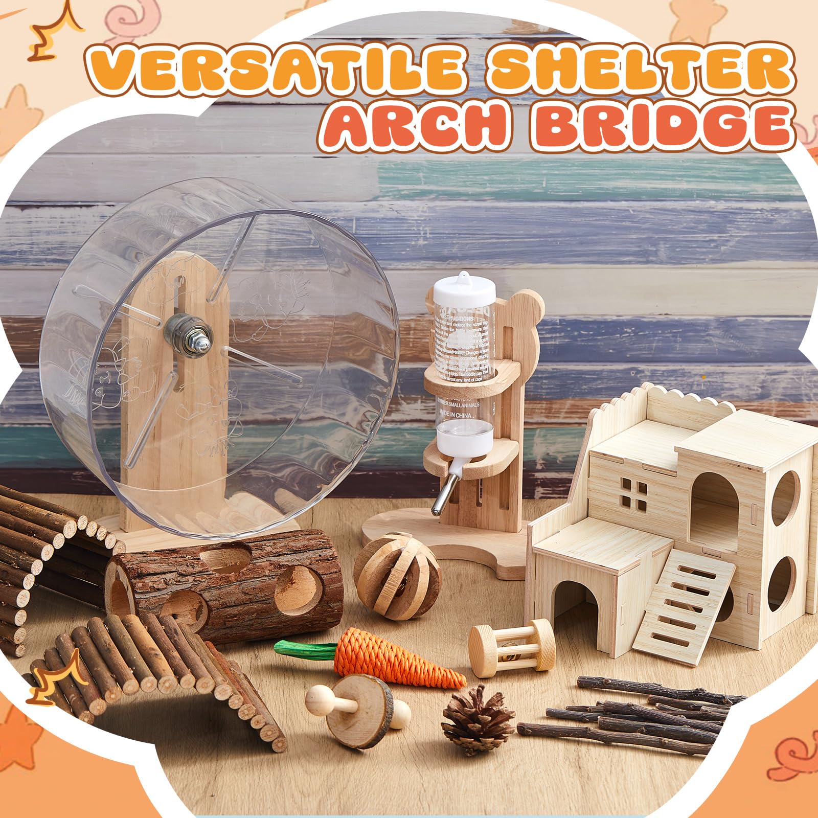 Sonwyoung 18 Pcs Hamster Cage Accessories, Silent Hamster Wheel, Chew Toys Set, Maze Wood House and Water Bottle Set for Rat Mice Small Animals Habitat (Natural Log Style) - image 2