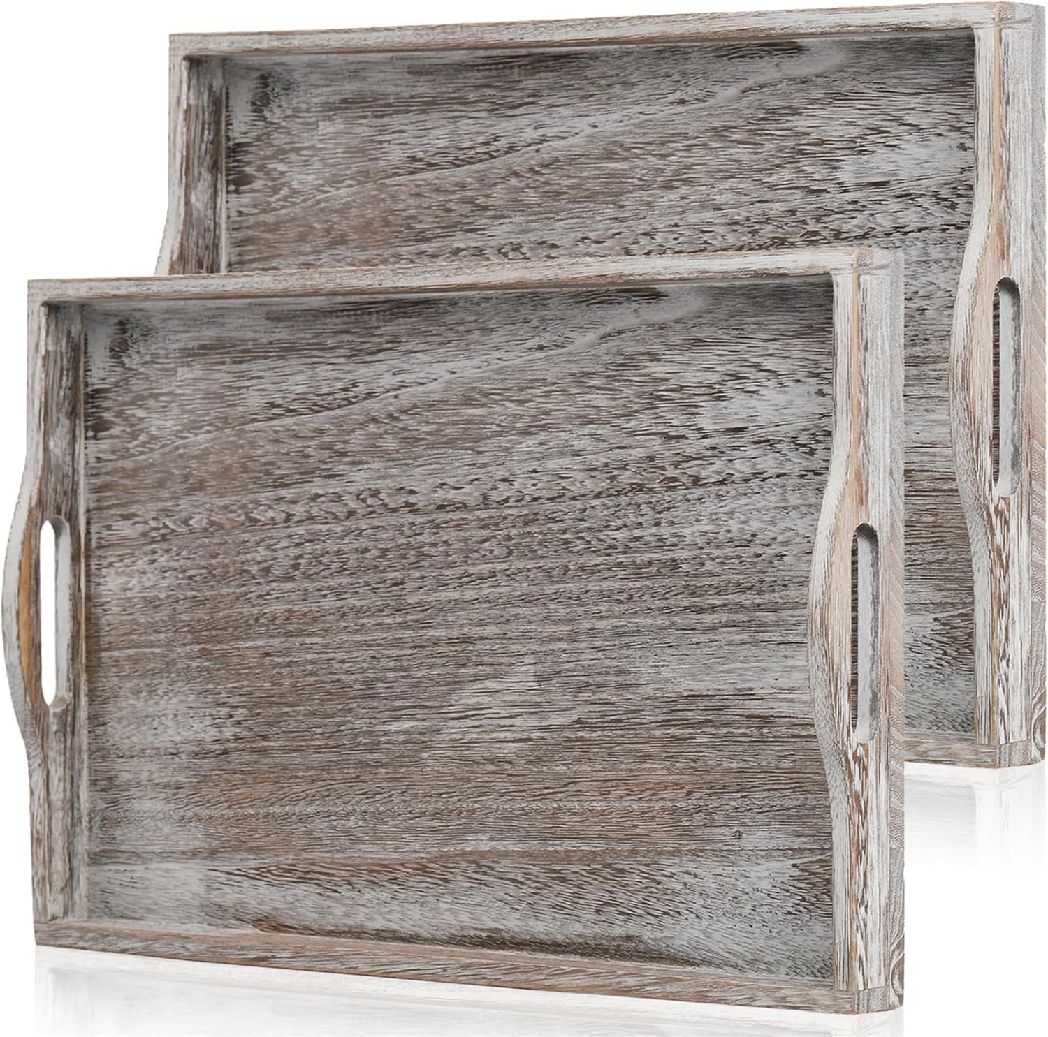 DEAYOU 2 Pack Wood Serving Tray, 16.5" Ottoman Wooden Trays for Coffee Table, Farmhouse Vintage Decorative Tray Platter with Cutout Handle for Eating, Breakfast, Rectangle, 16.5" L x 11" W
