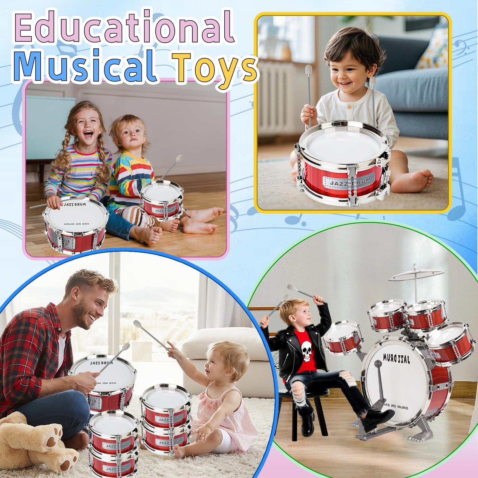 m zimoon Kit Batteria Jazz Per Bambini, 5 Tamburi Con Sgabello Pedale E Bacchette Per Principianti Strumento Musicale Percussione Giocattolo Vacanze Compleanno Regalo Educativo Per Ragazzi E Ragazze